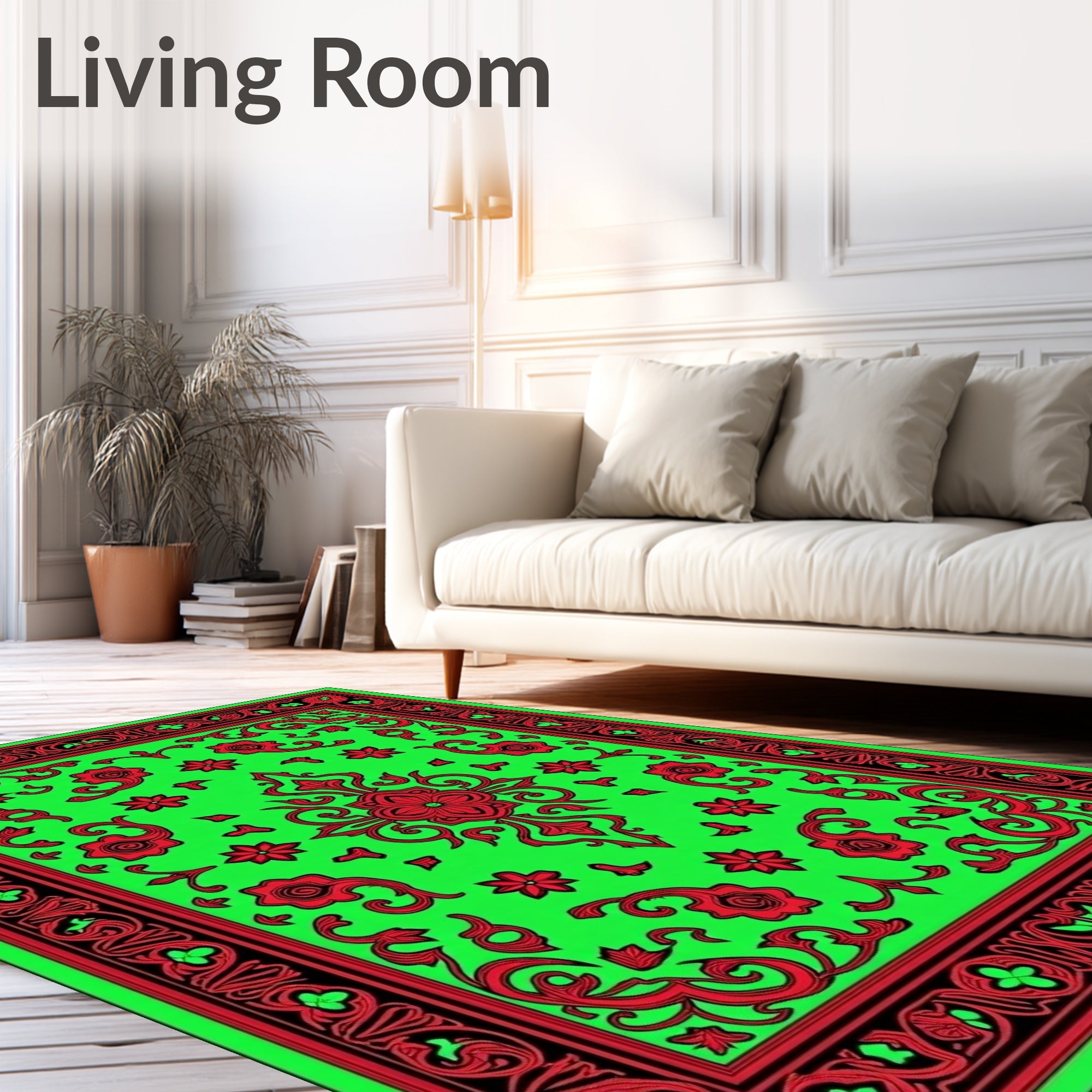 Vibrant Red Floral Emerald Border Rug