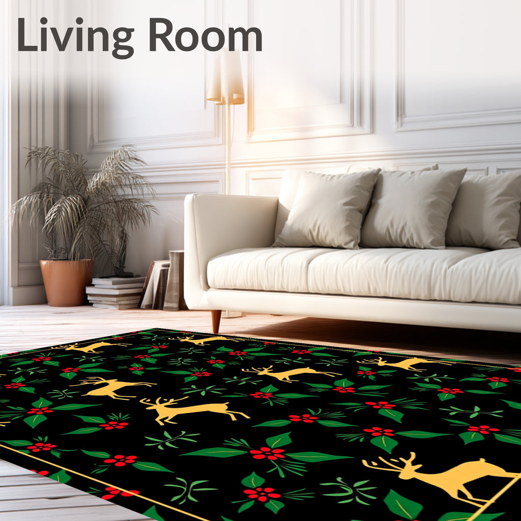 Golden Reindeer Holly Berry Garland Rug
