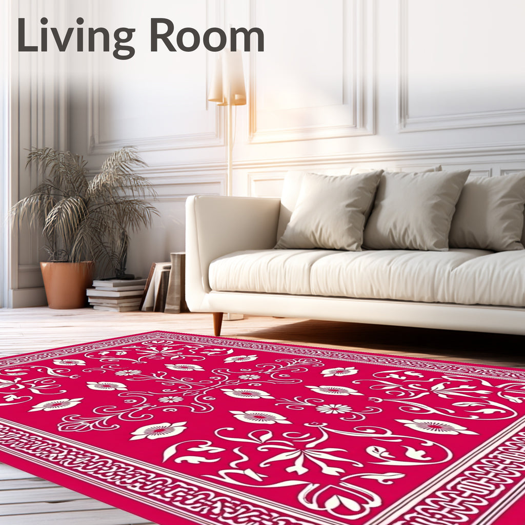 Vibrant Red Floral Vines Border Rug
