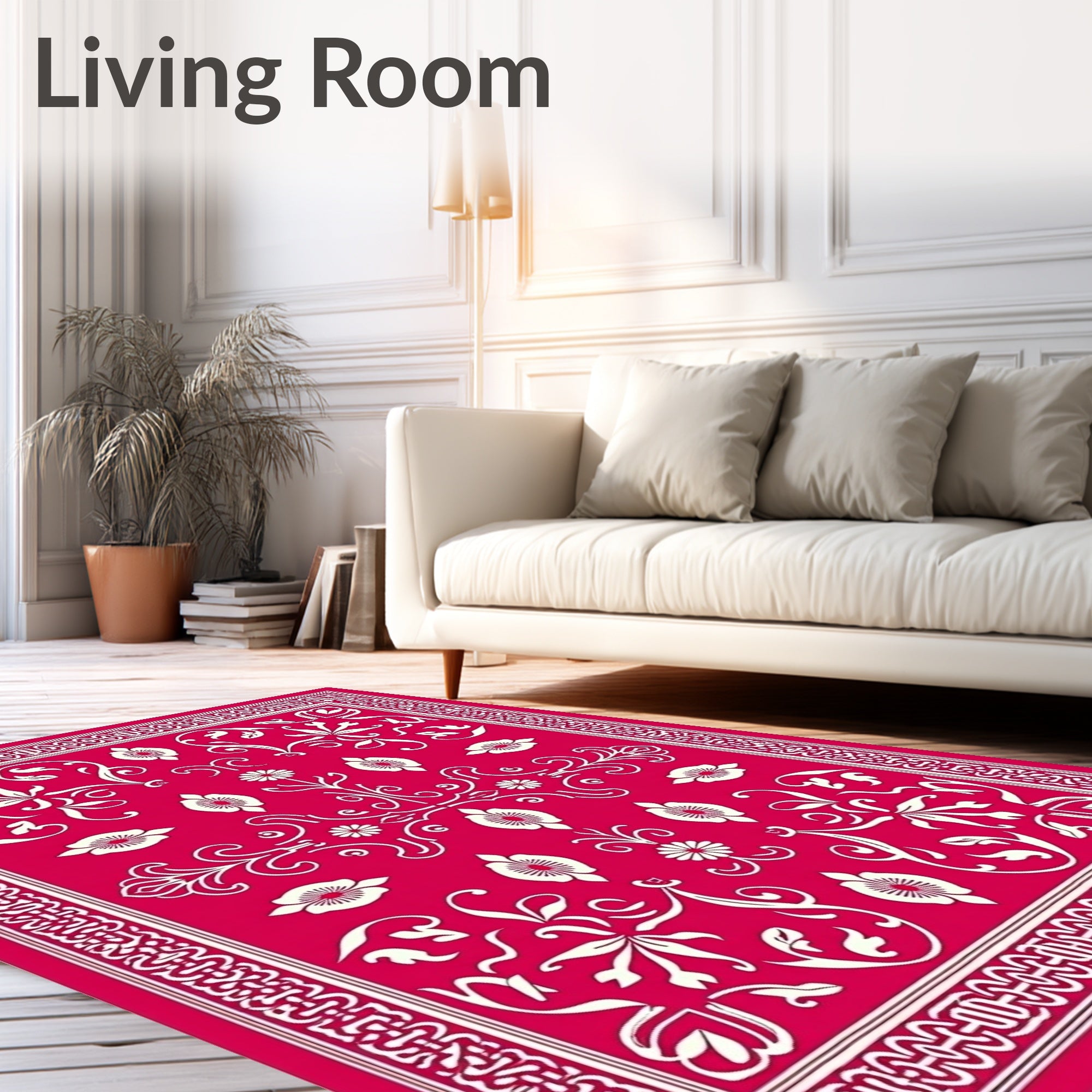 Vibrant Red Floral Vines Border Rug