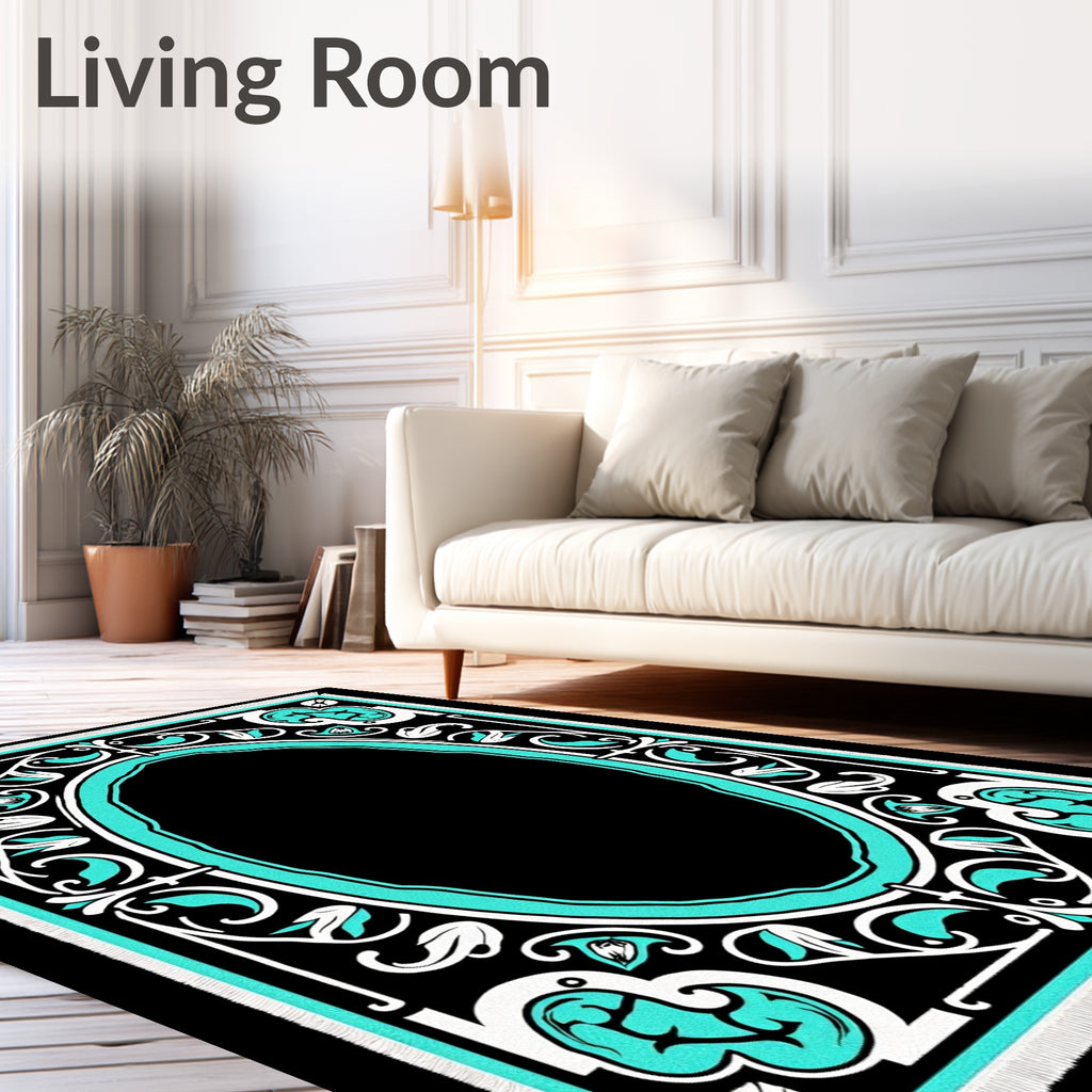 Black Teal Floral Oval Statement Rug