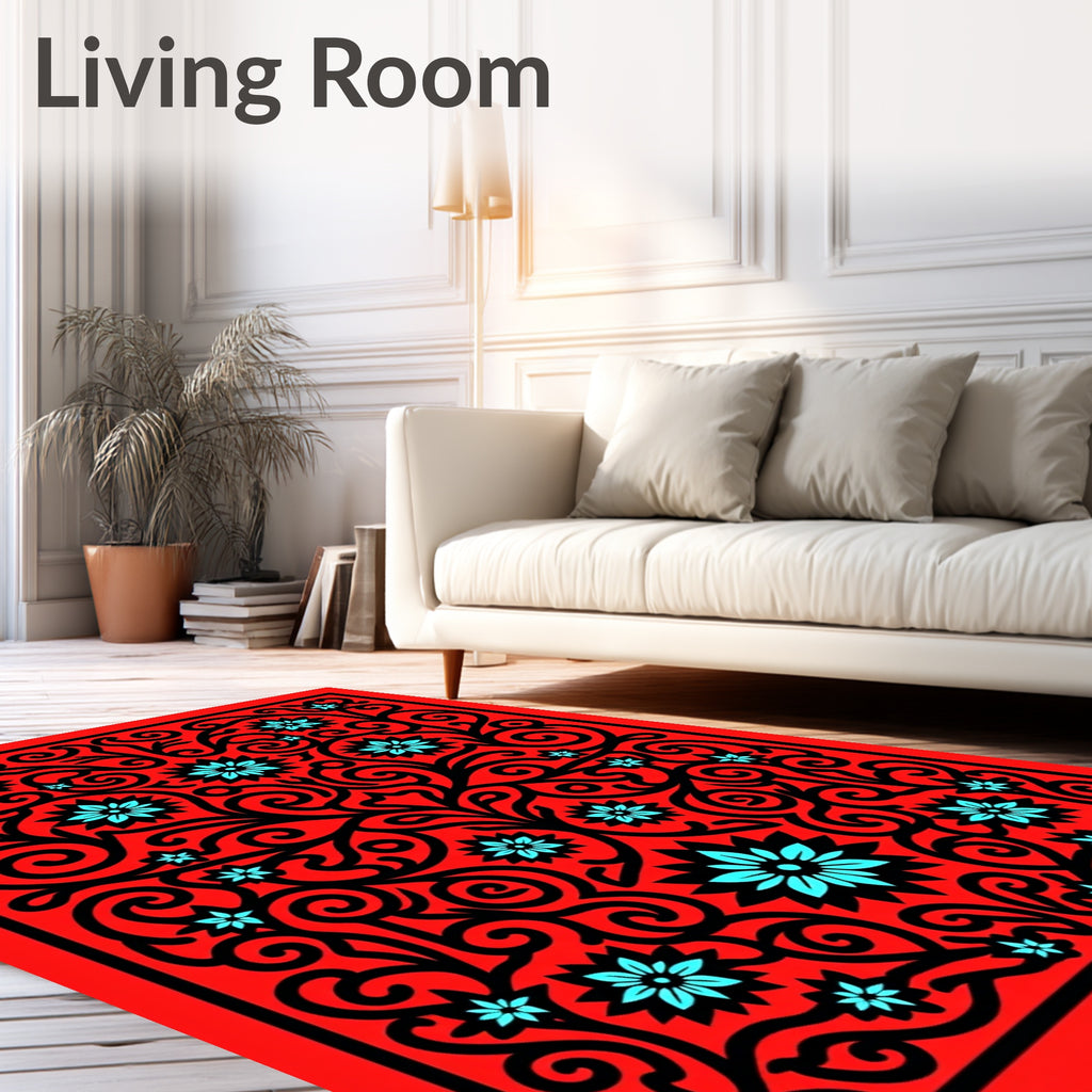 Red Black Teal Floral Swirl Harmony Rug