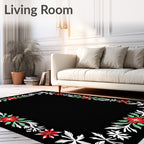 Black Crimson Floral Leaf Border Rug