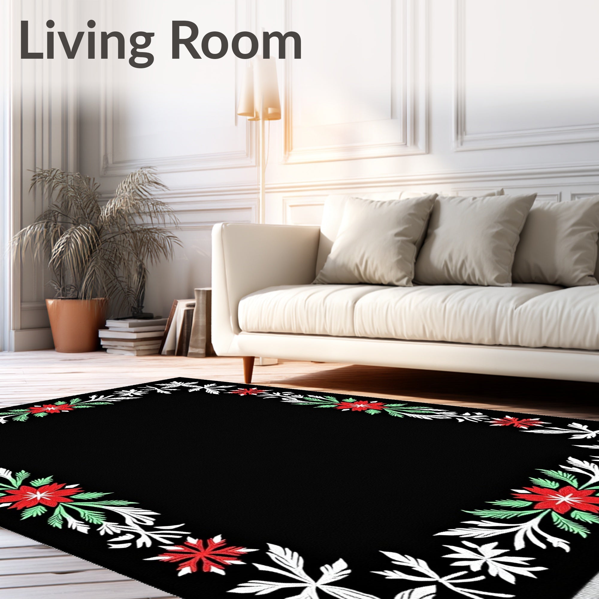 Black Crimson Floral Leaf Border Rug