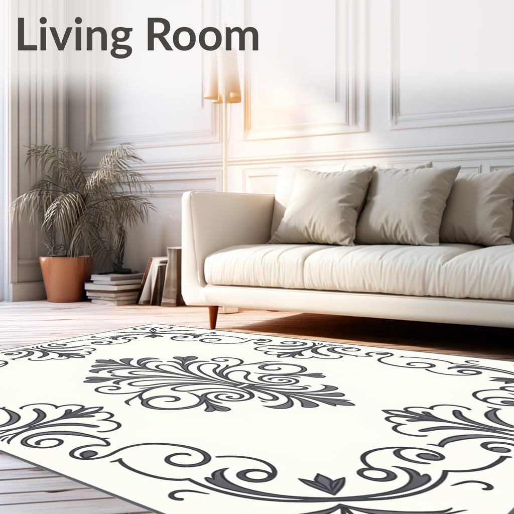 Ornate Gray Scrollwork Floral Framing Rug