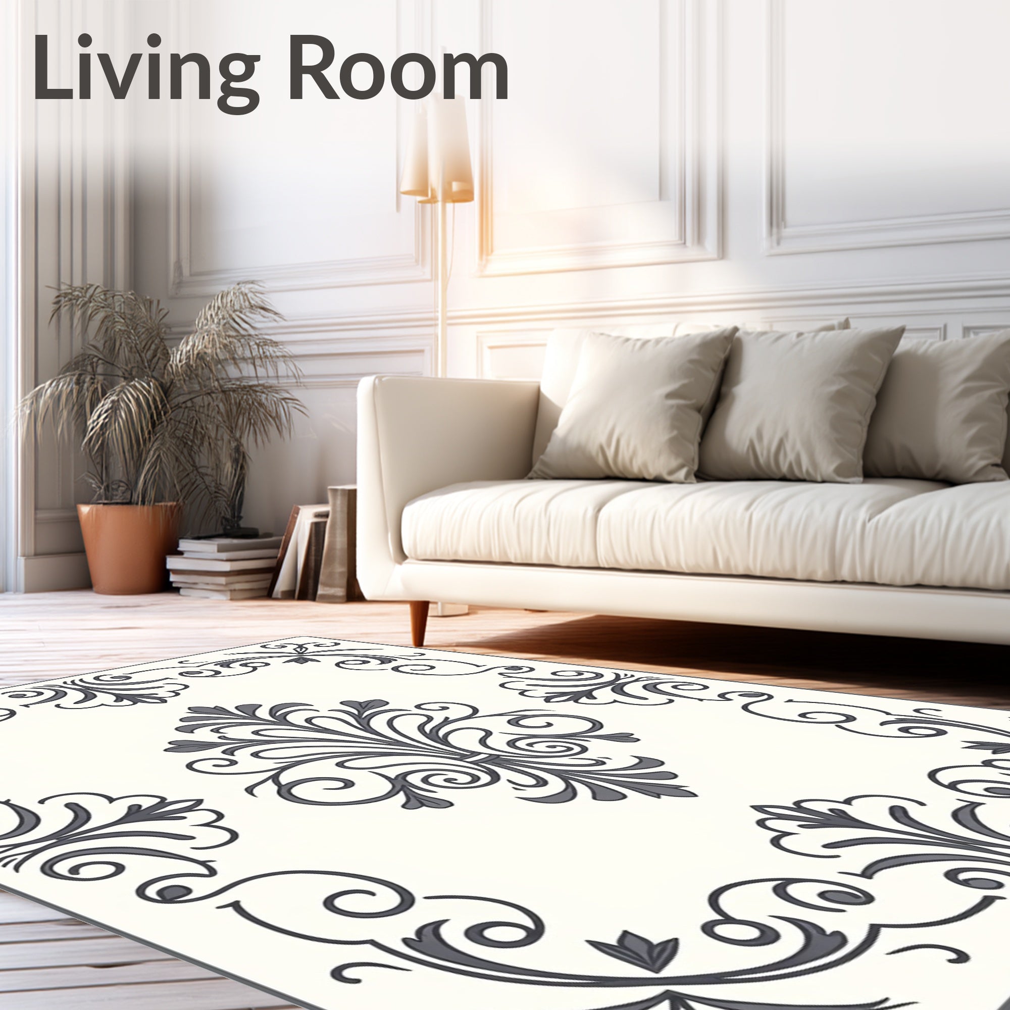Ornate Gray Scrollwork Floral Framing Rug