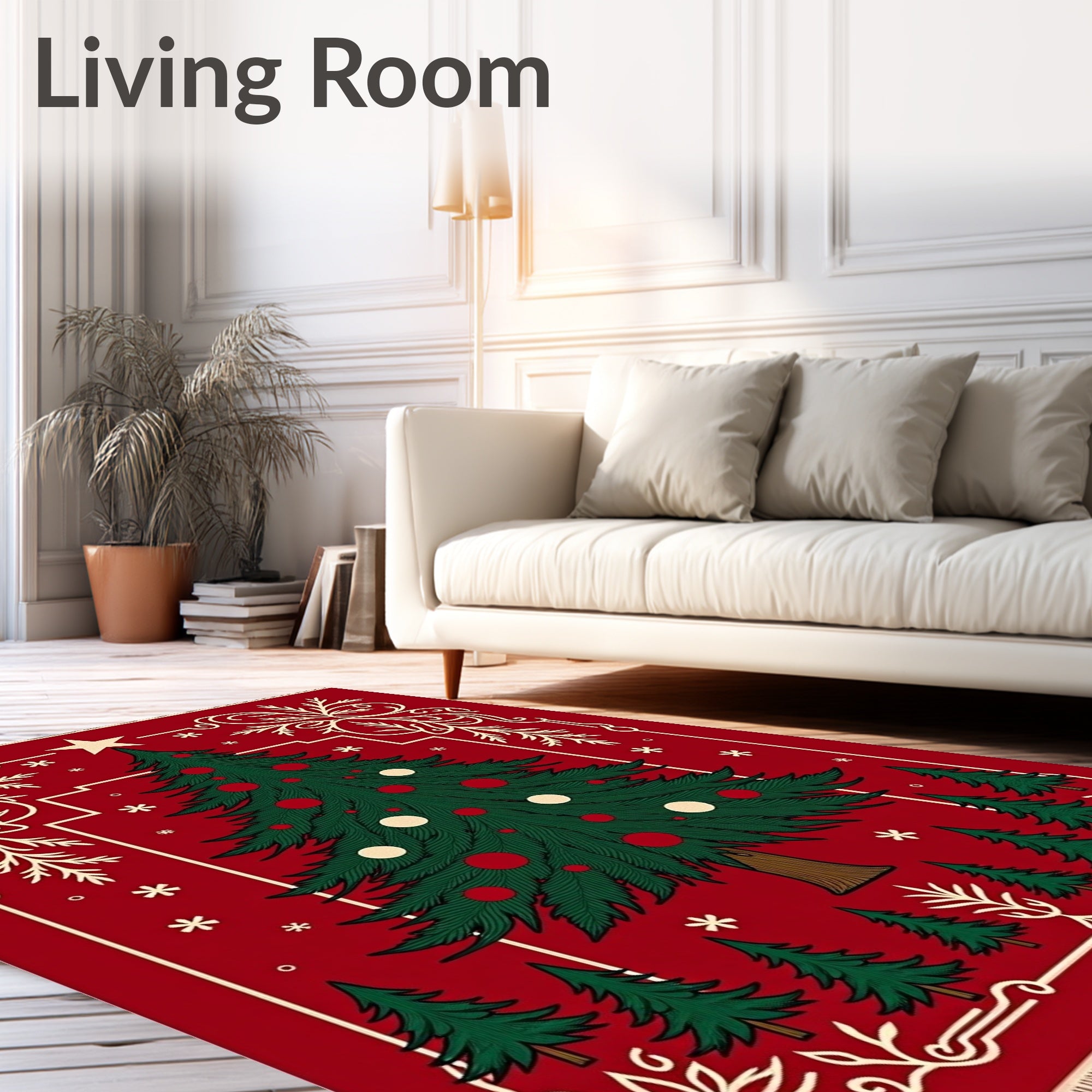 Festive Red Christmas Tree Snowflakes Rug