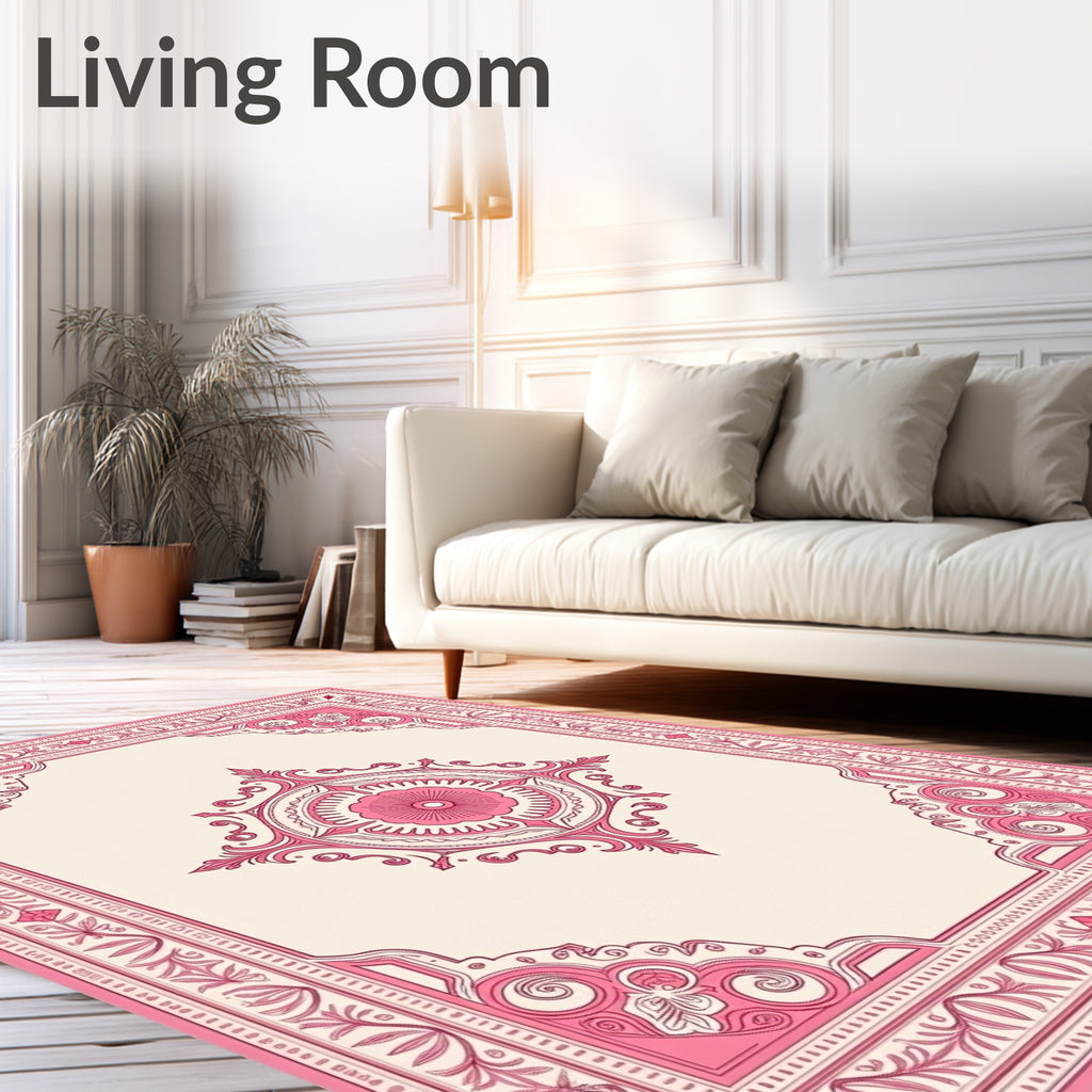 Ornate Rose Pink Medallion Border Rug