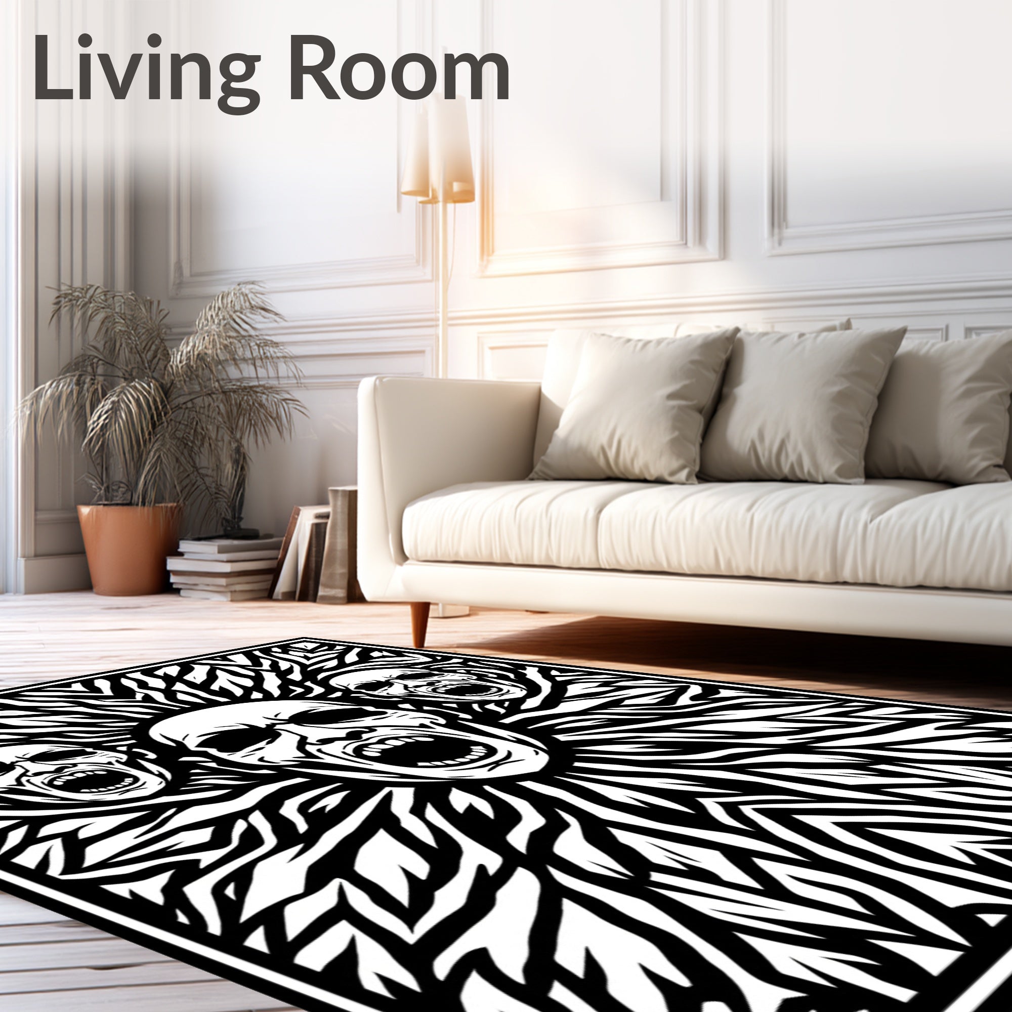 Tribal Screaming Faces Black White Rug