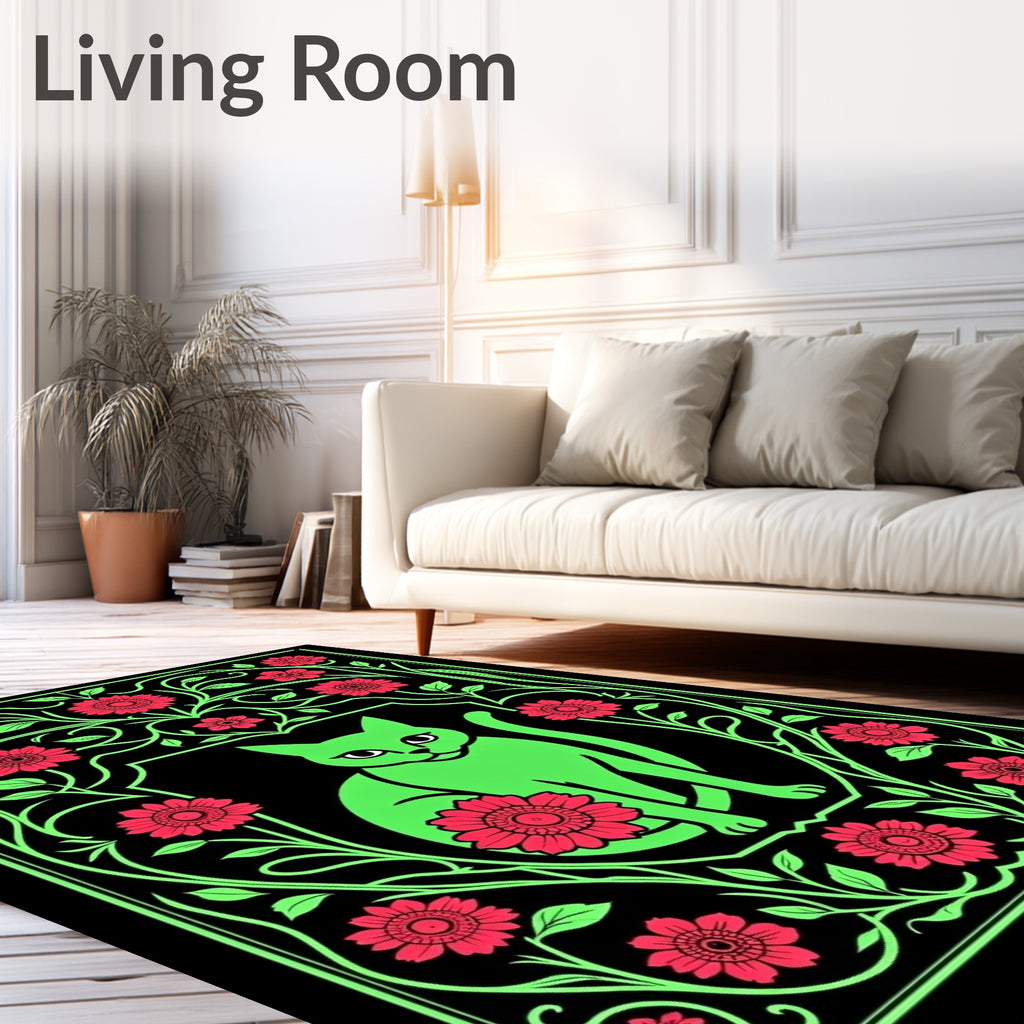 Vivid Green Cat Floral Medallion Rug