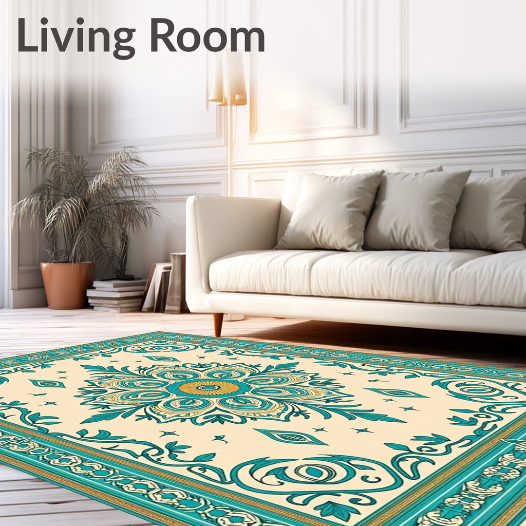 Teal Gold Medallion Floral Border Rug