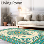 Teal Gold Medallion Floral Border Rug
