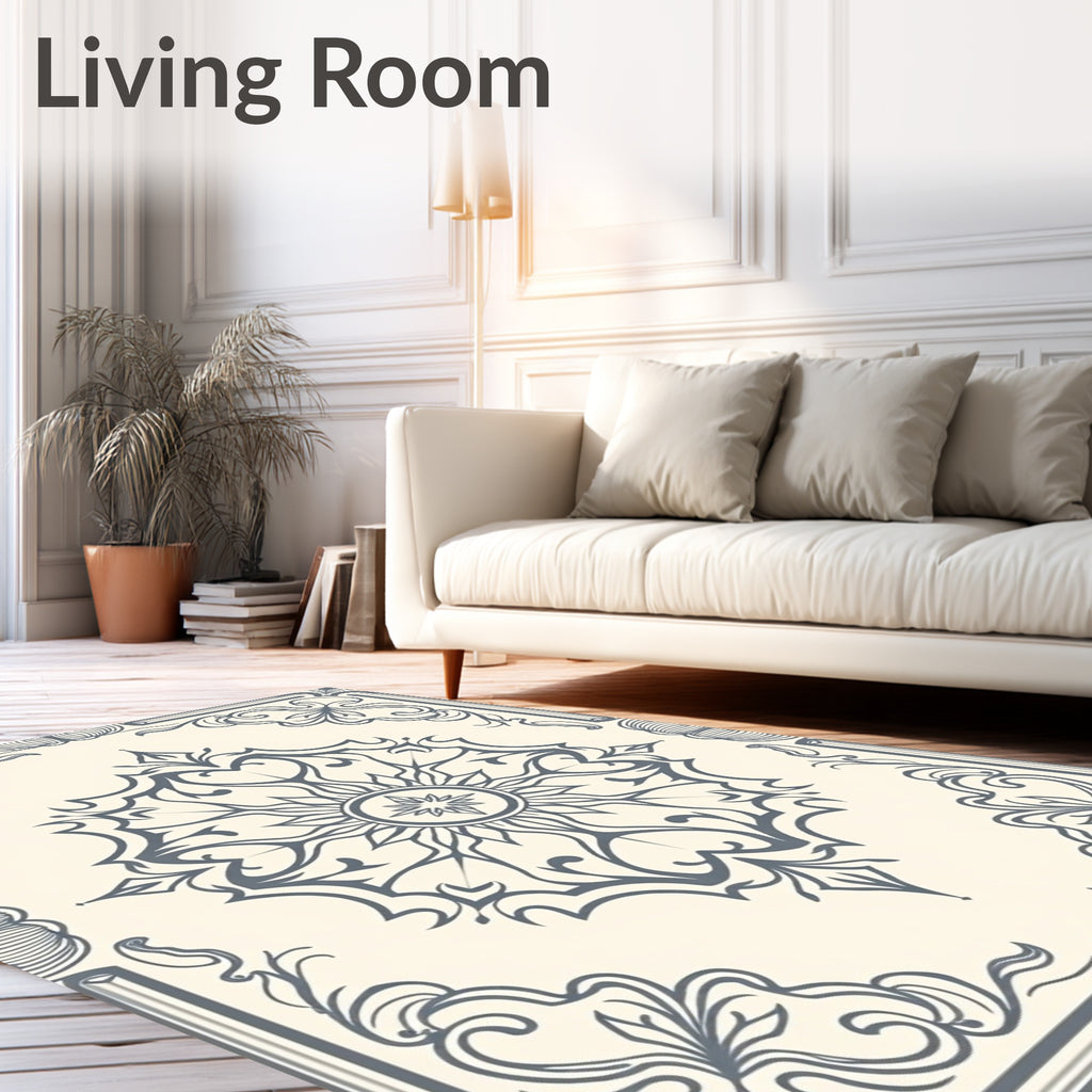 Gray Cream Floral Medallion Frame Rug