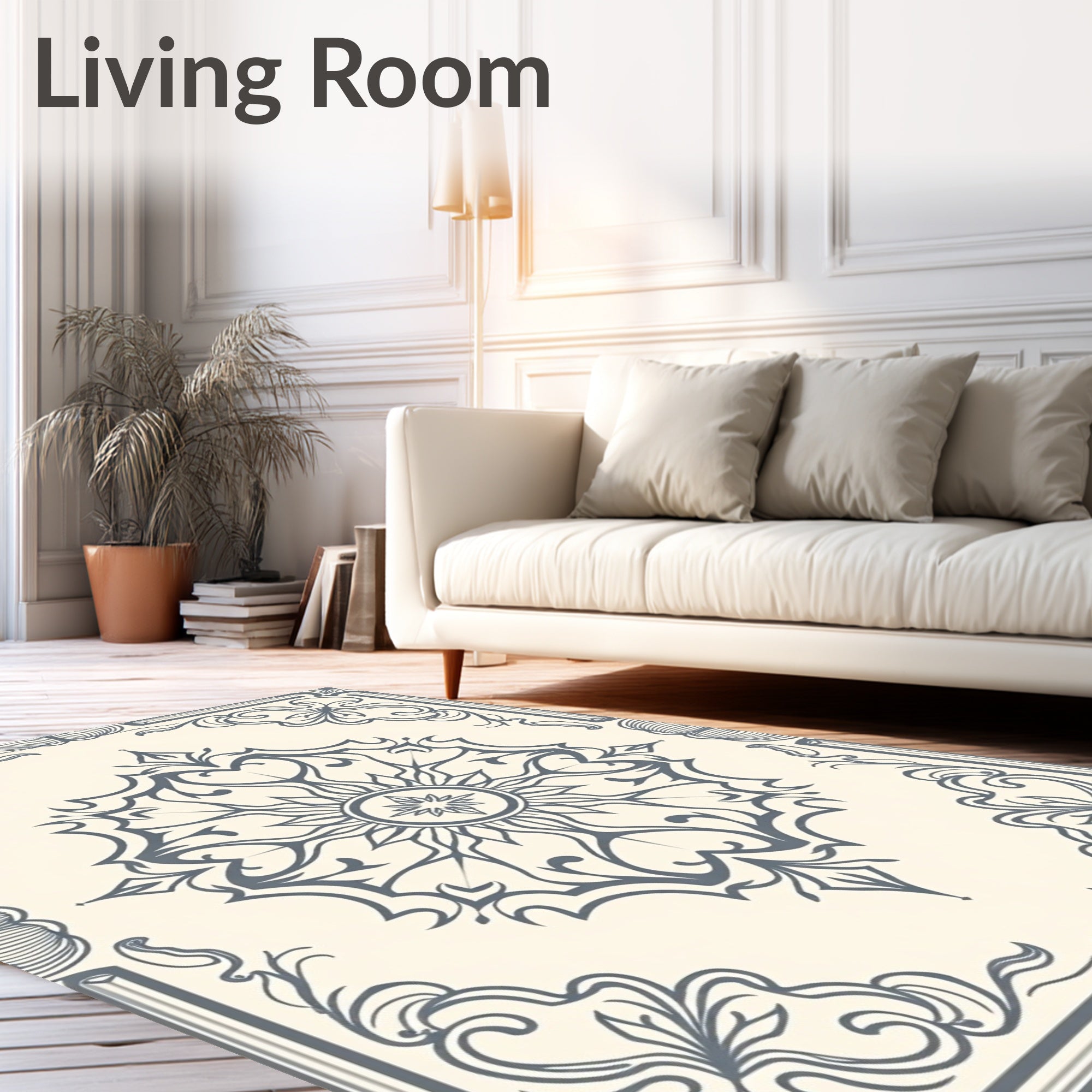 Gray Cream Floral Medallion Frame Rug