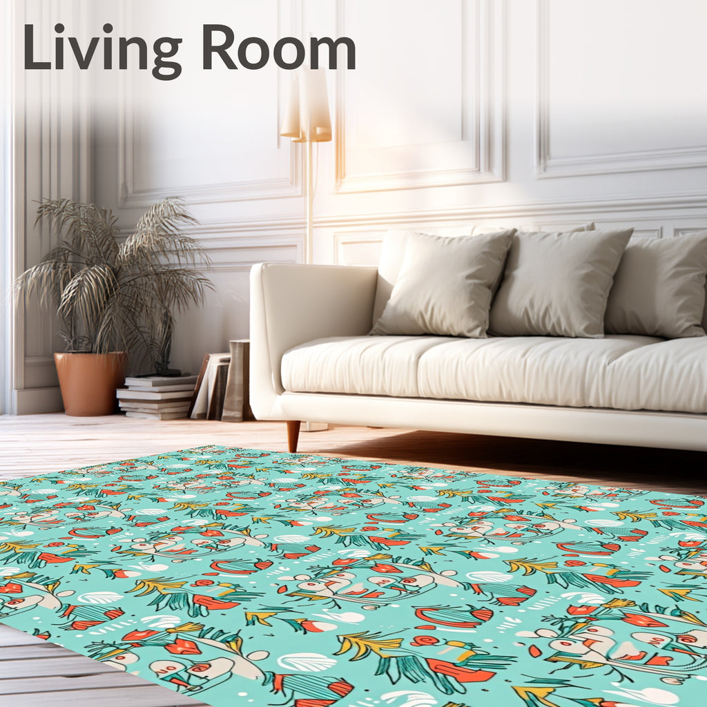 Teal Red Whimsical Figural Forest Rug