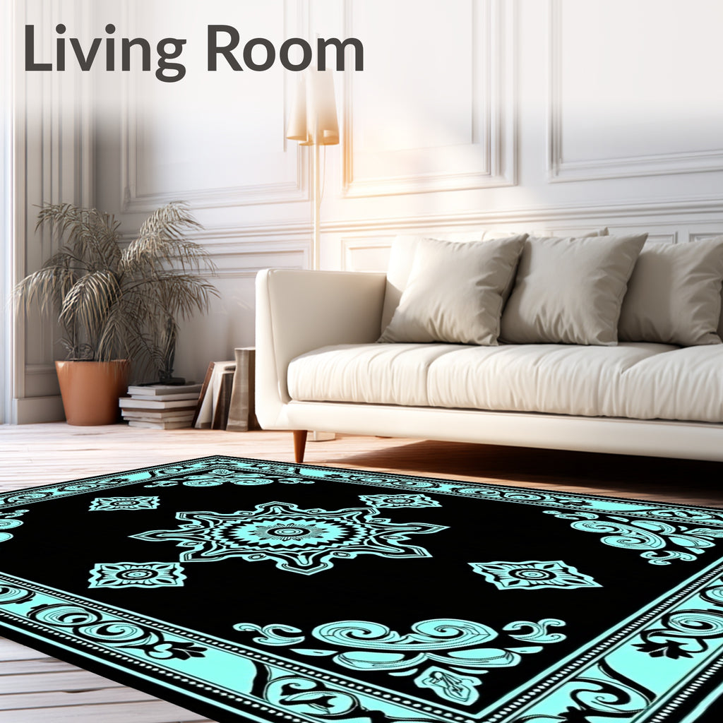 Black Aqua Floral Medallion Border Rug