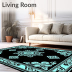 Black Aqua Floral Medallion Border Rug