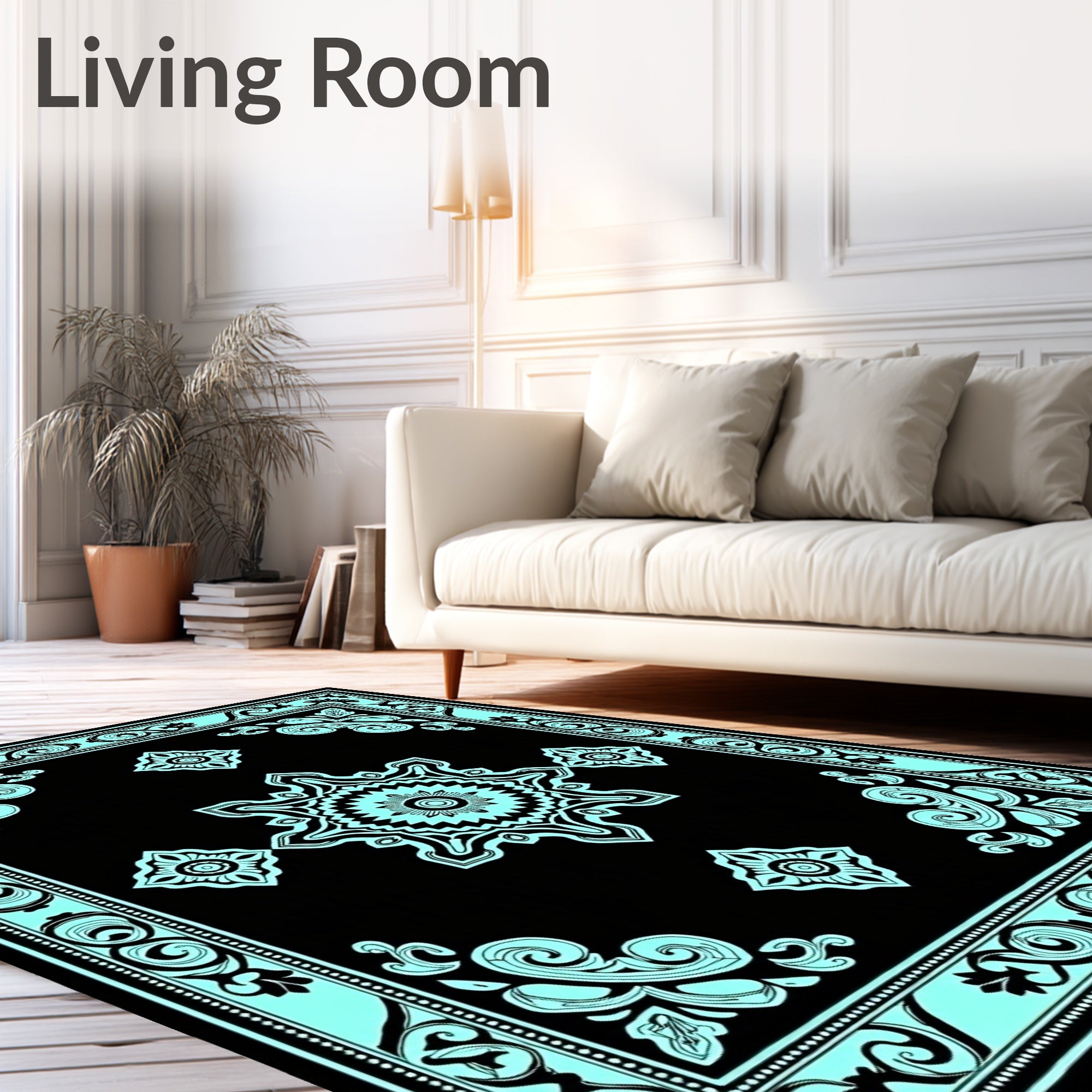 Black Aqua Floral Medallion Border Rug