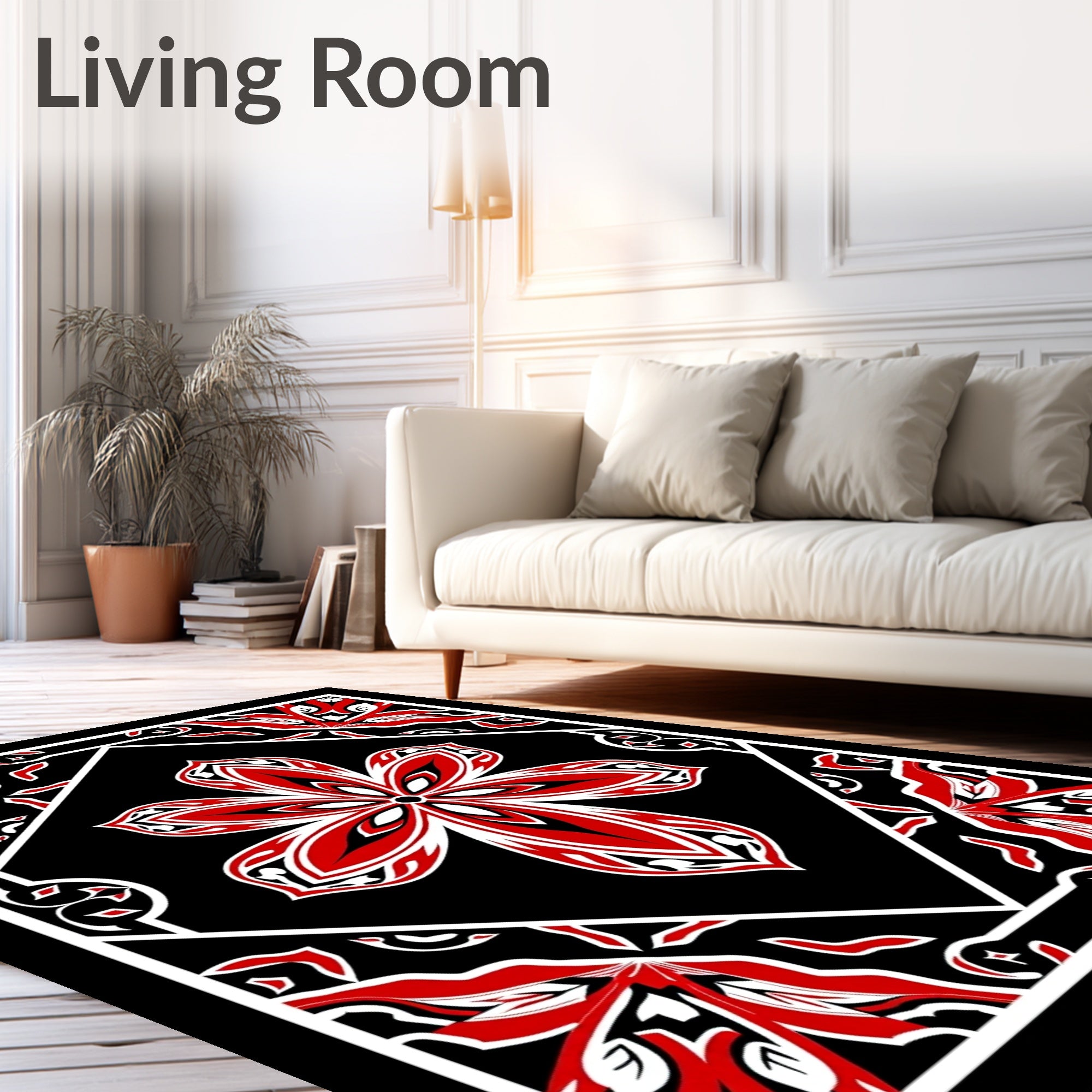 Bold Red Floral Black Diamond Rug