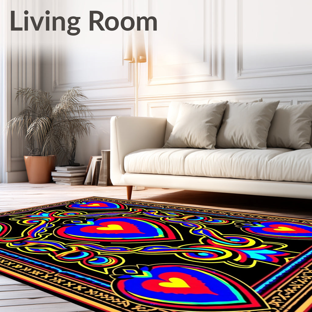 Vibrant Blue Red Yellow Heart Border Rug