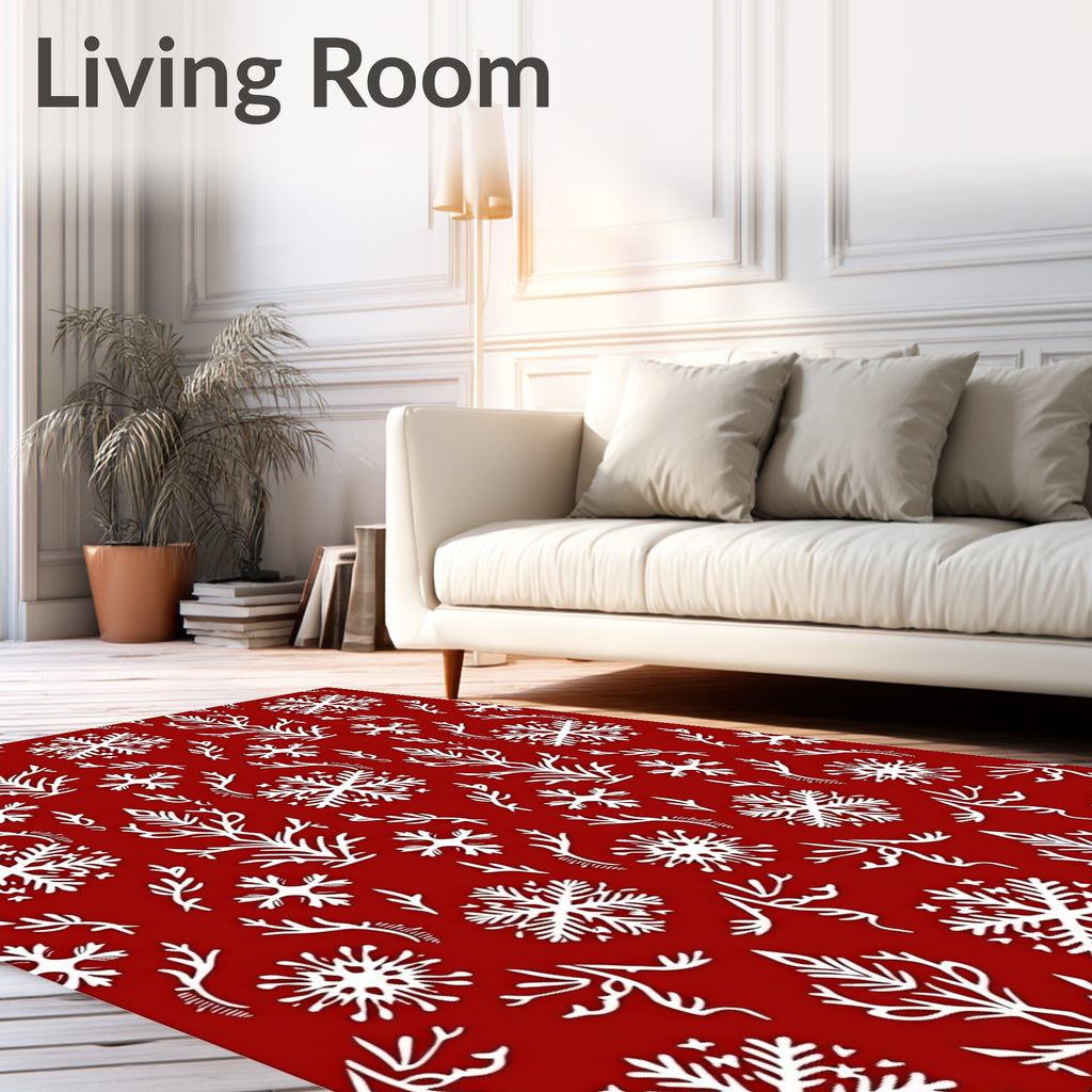 Crimson White Snowflake Branch Arrangement Rug