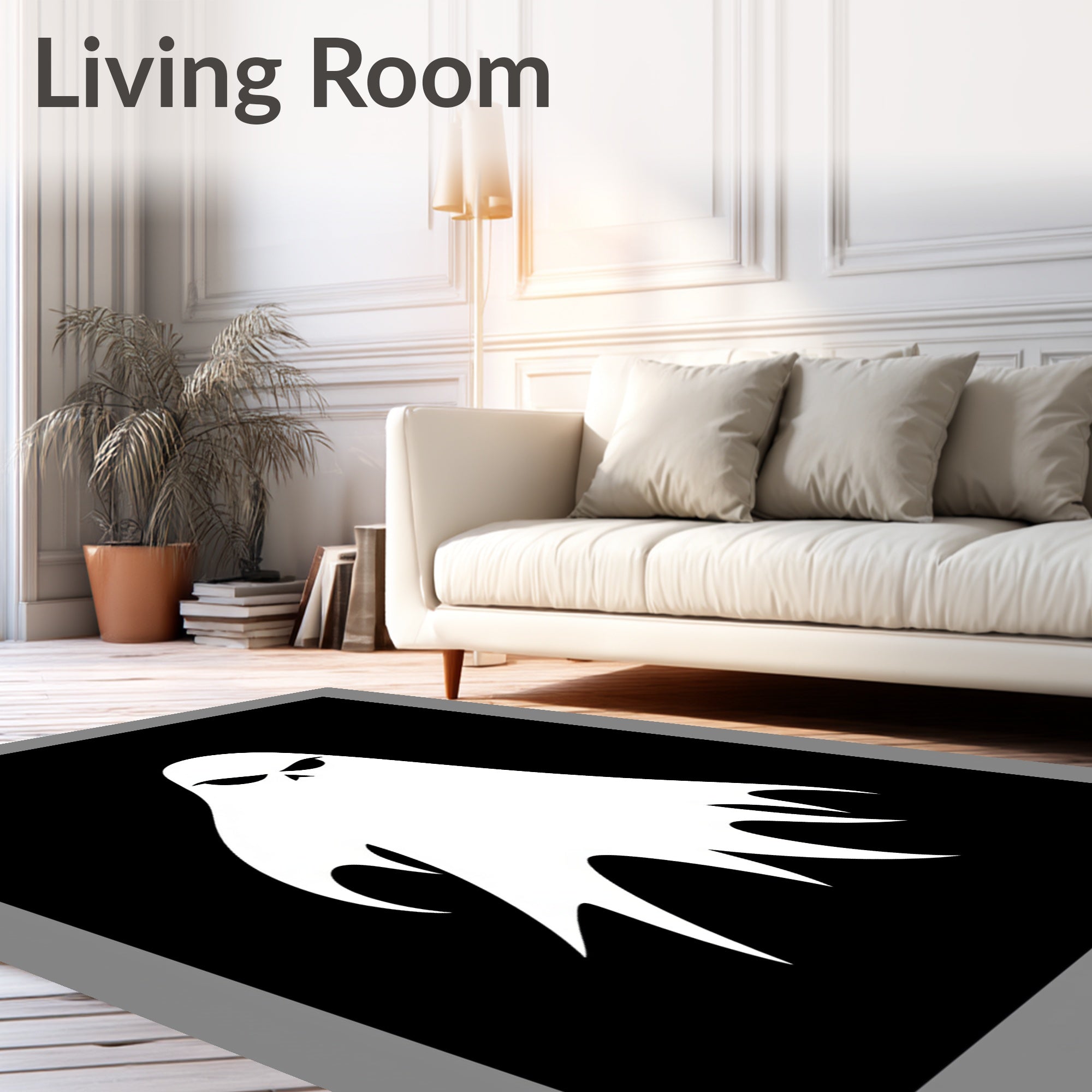Spooky White Ghost Black Background Rug