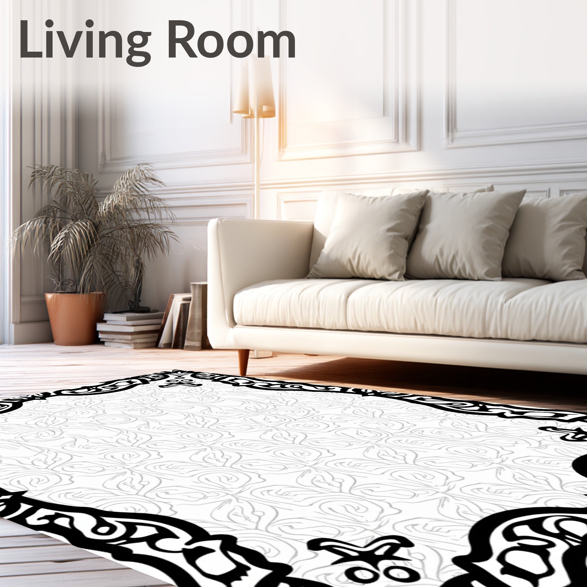 Monochromatic Black Ivory Scrollwork Border Rug