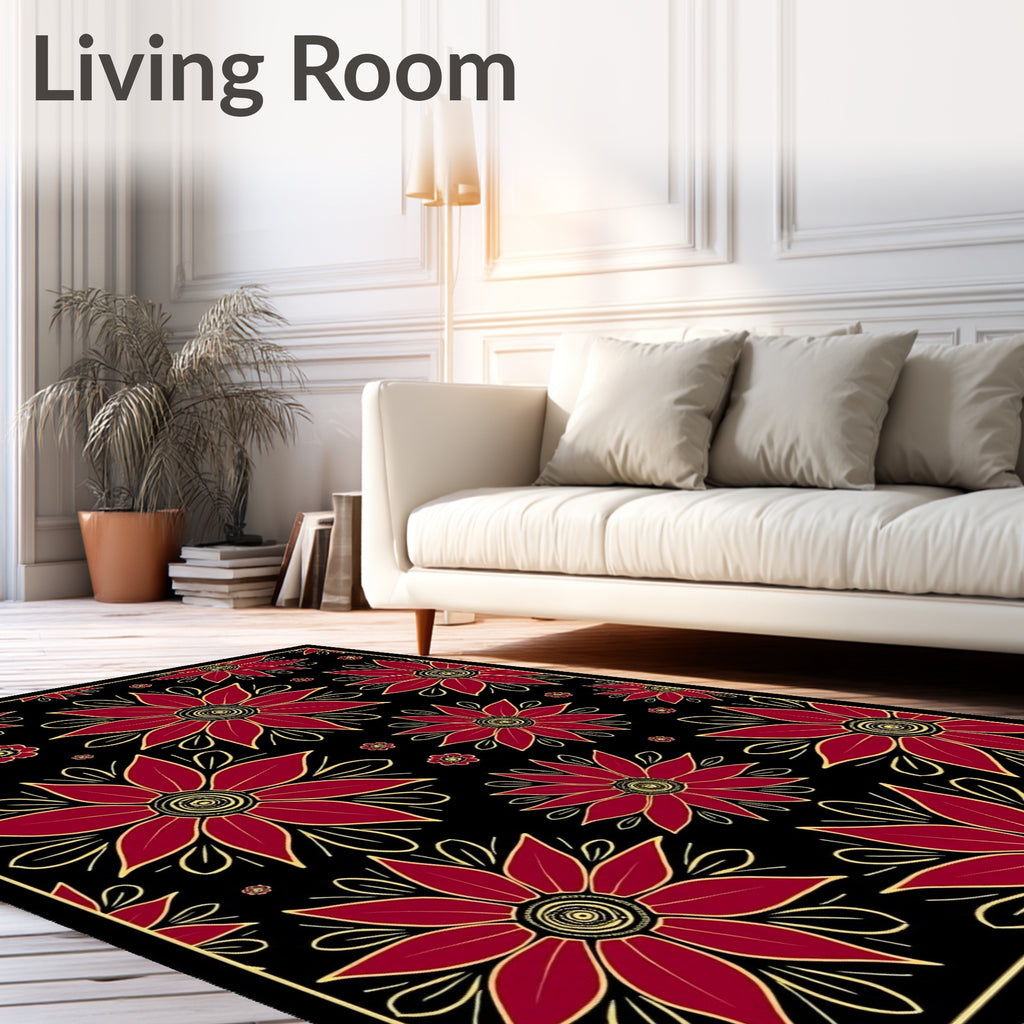 Crimson Black Floral Outline Rug