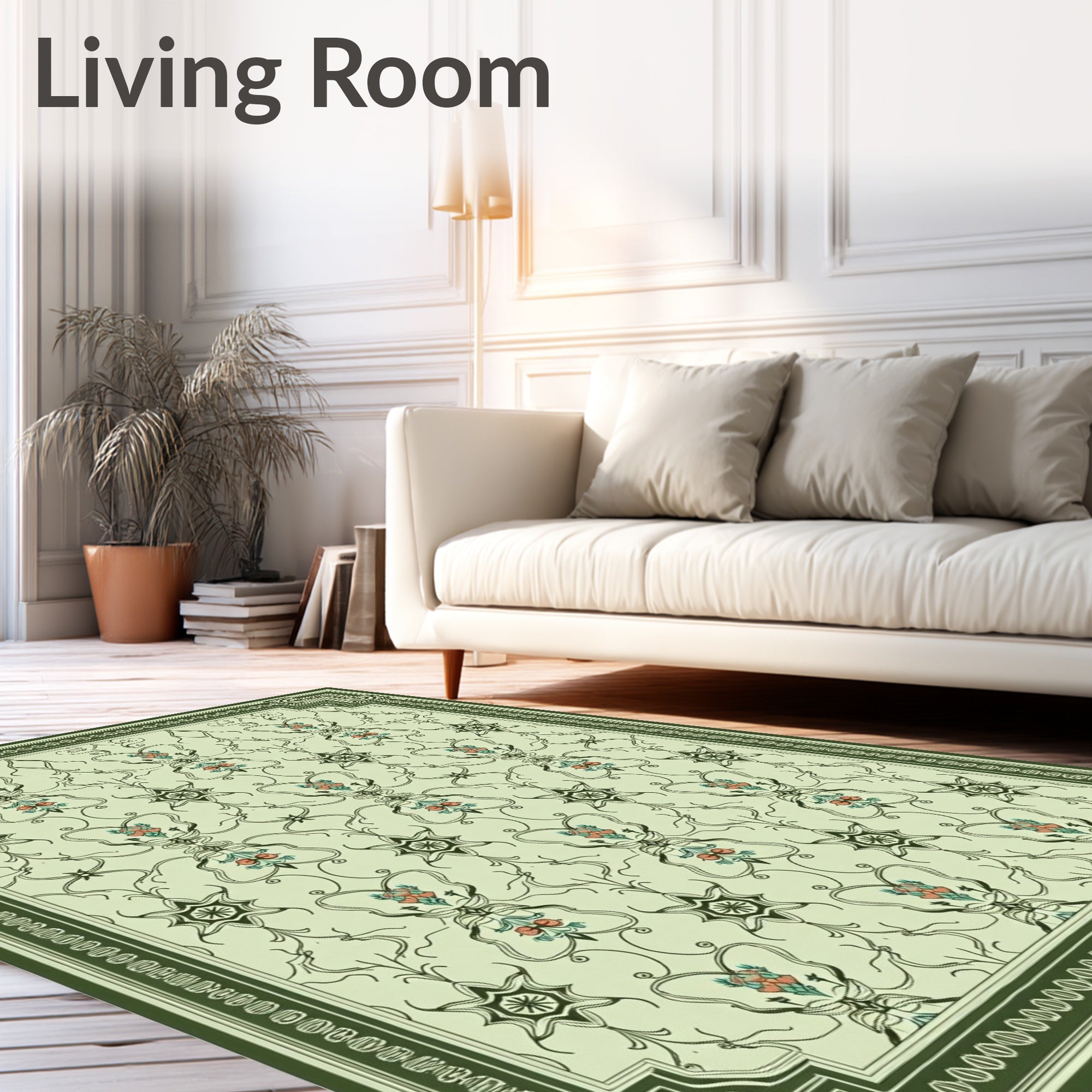 Pale Green Floral Medallion Border Rug