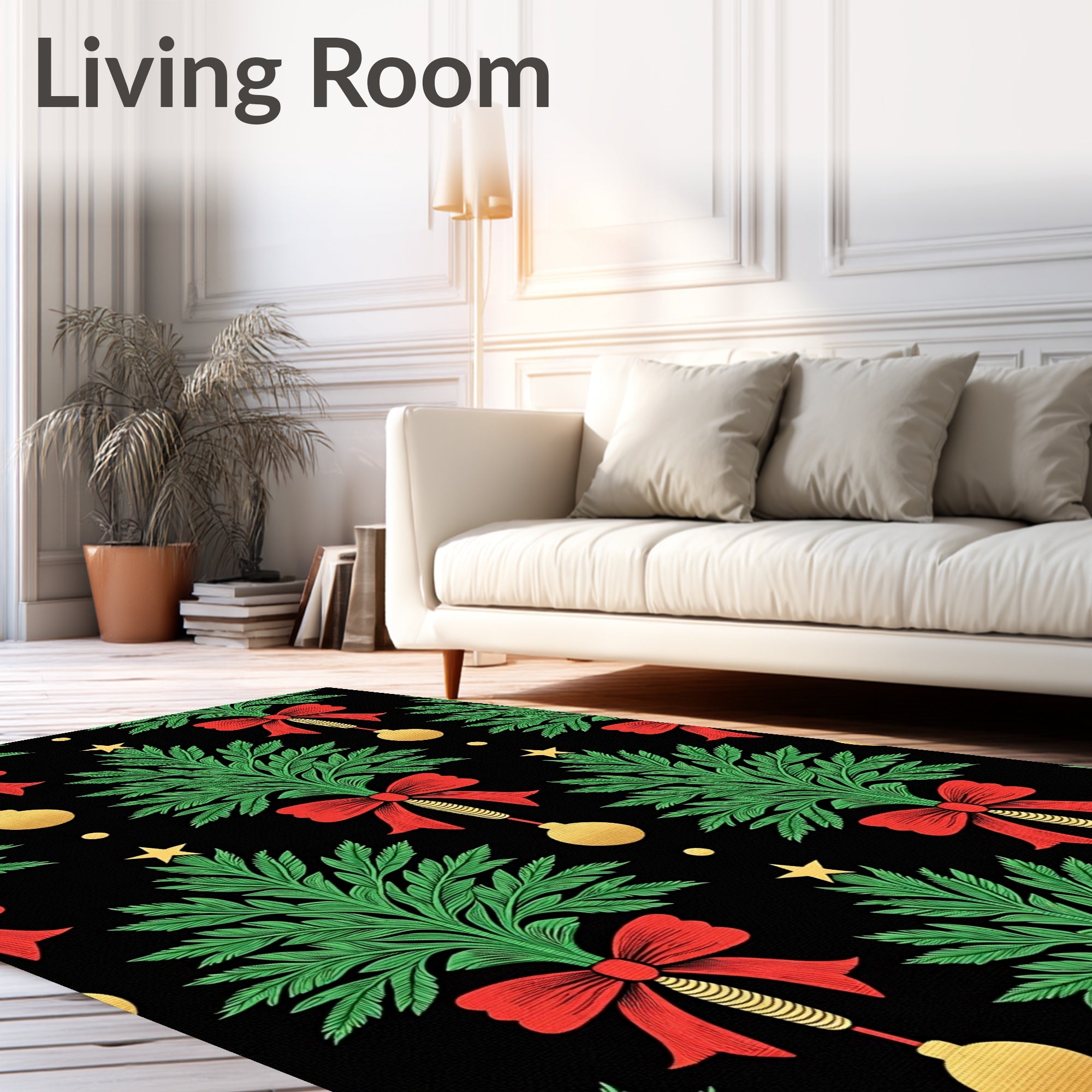 Green Pine Red Bow Gold Ornament Rug