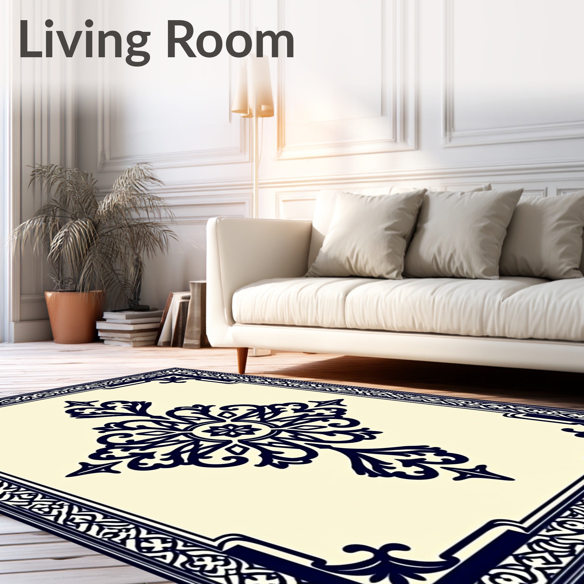 Navy Floral Medallion Ivory Geometric Frame Rug
