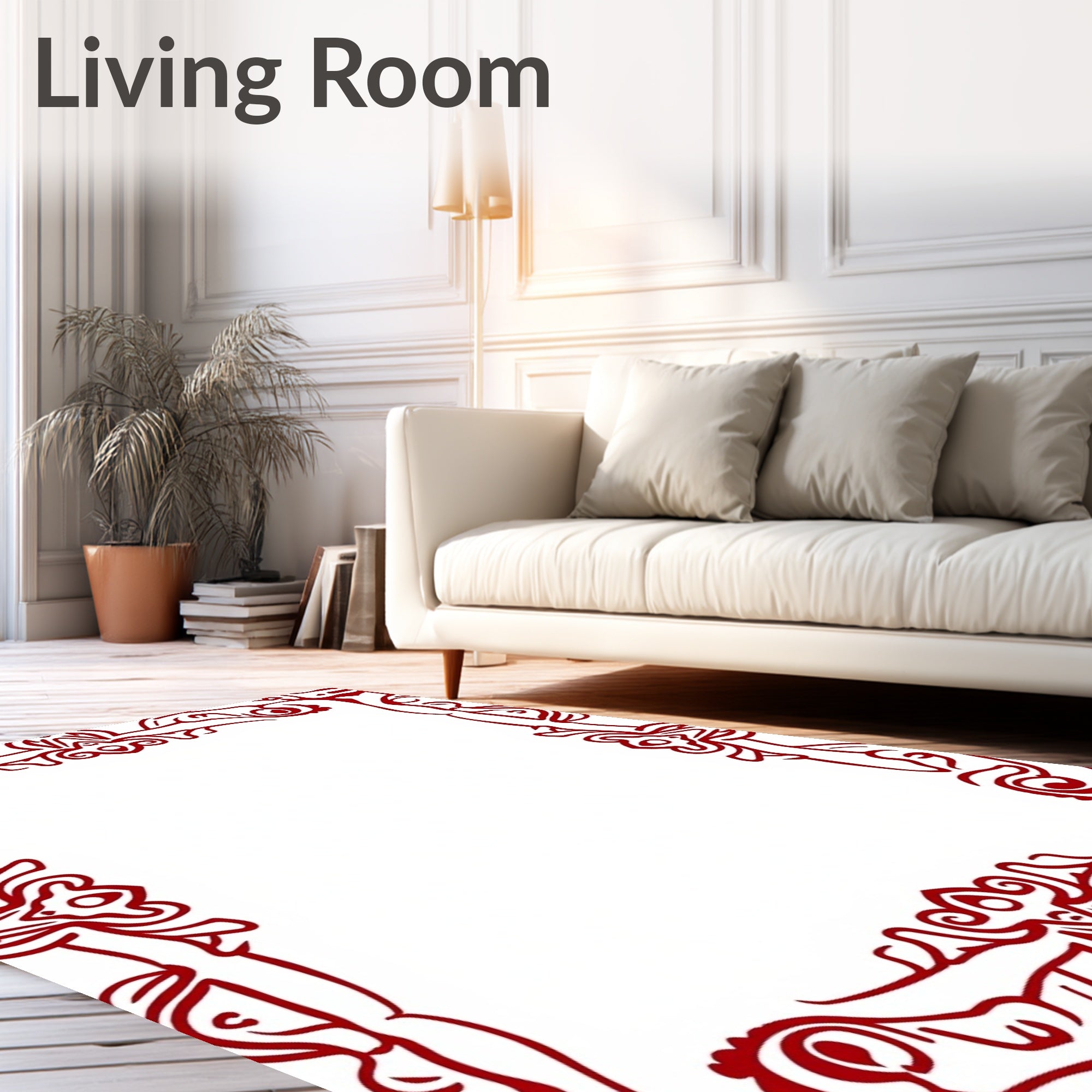 Red Ornate Scrollwork Border Rug