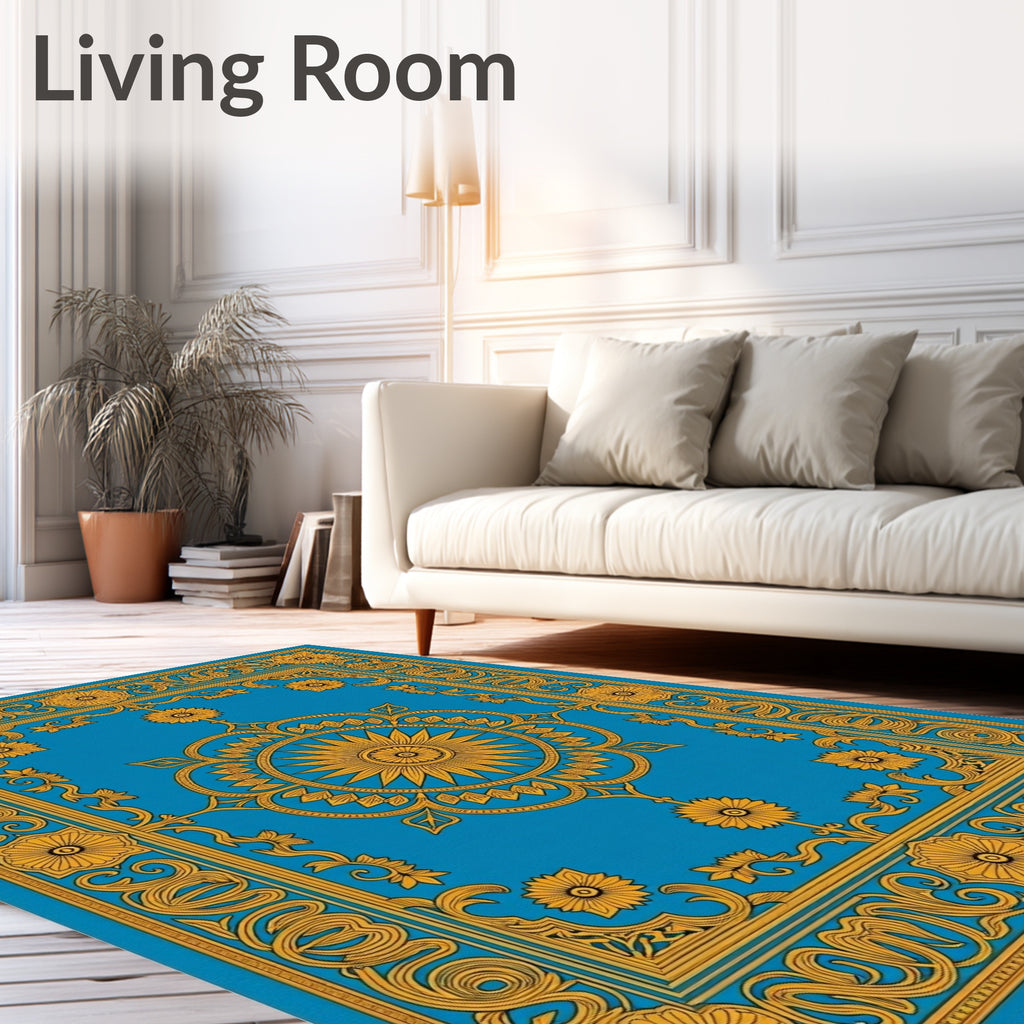 Golden Floral Sun Medallion Blue Rug