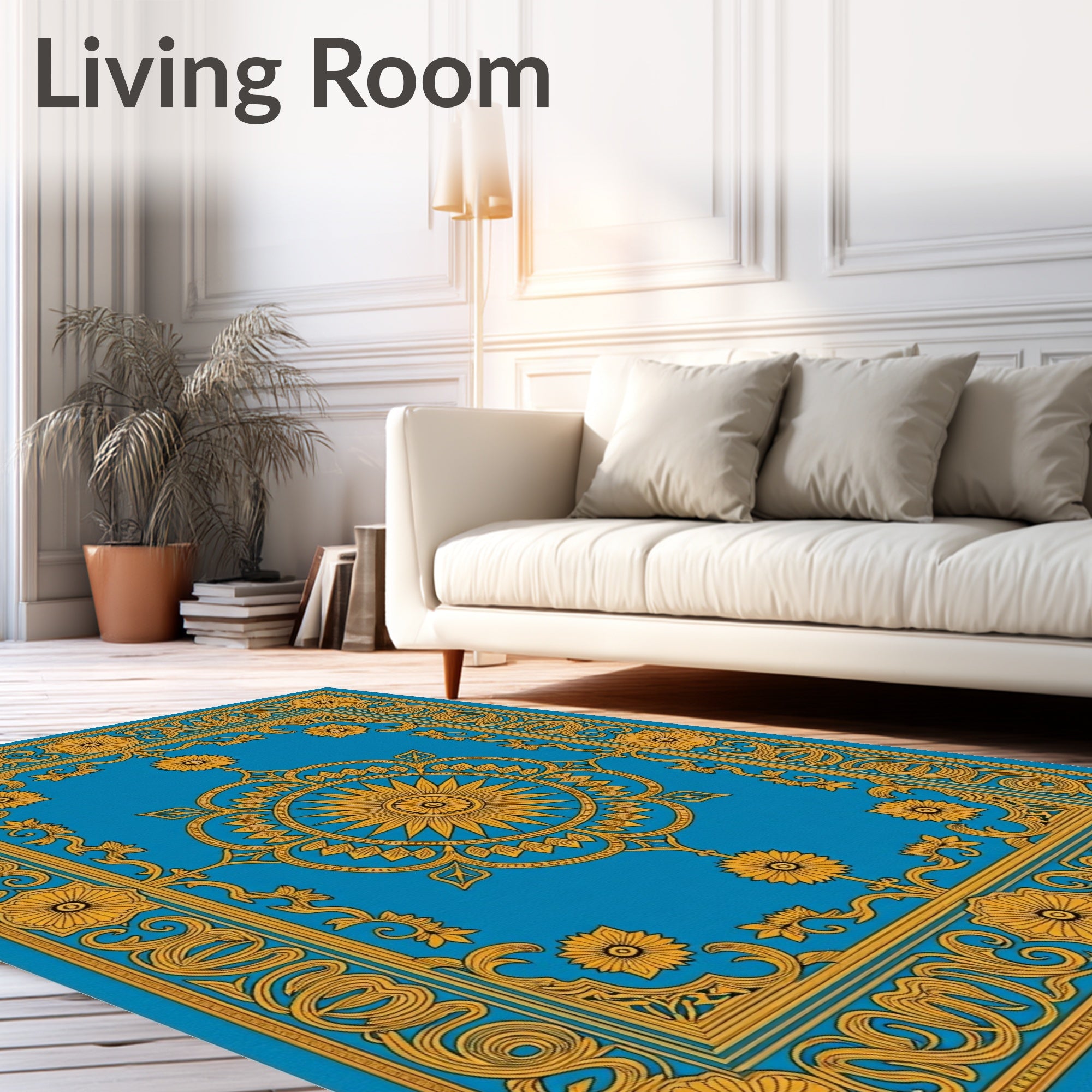 Golden Floral Sun Medallion Blue Rug