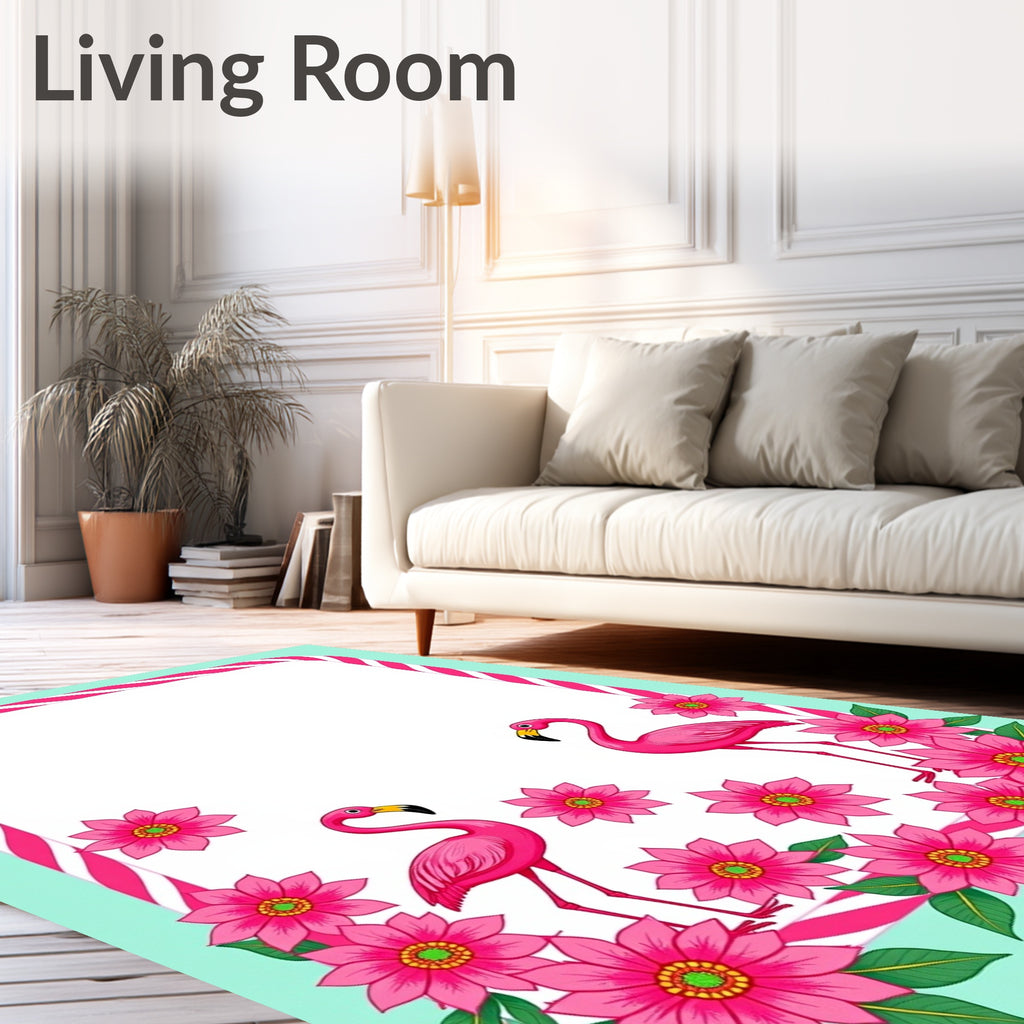 Pink Flamingo Tropical Floral Border Rug