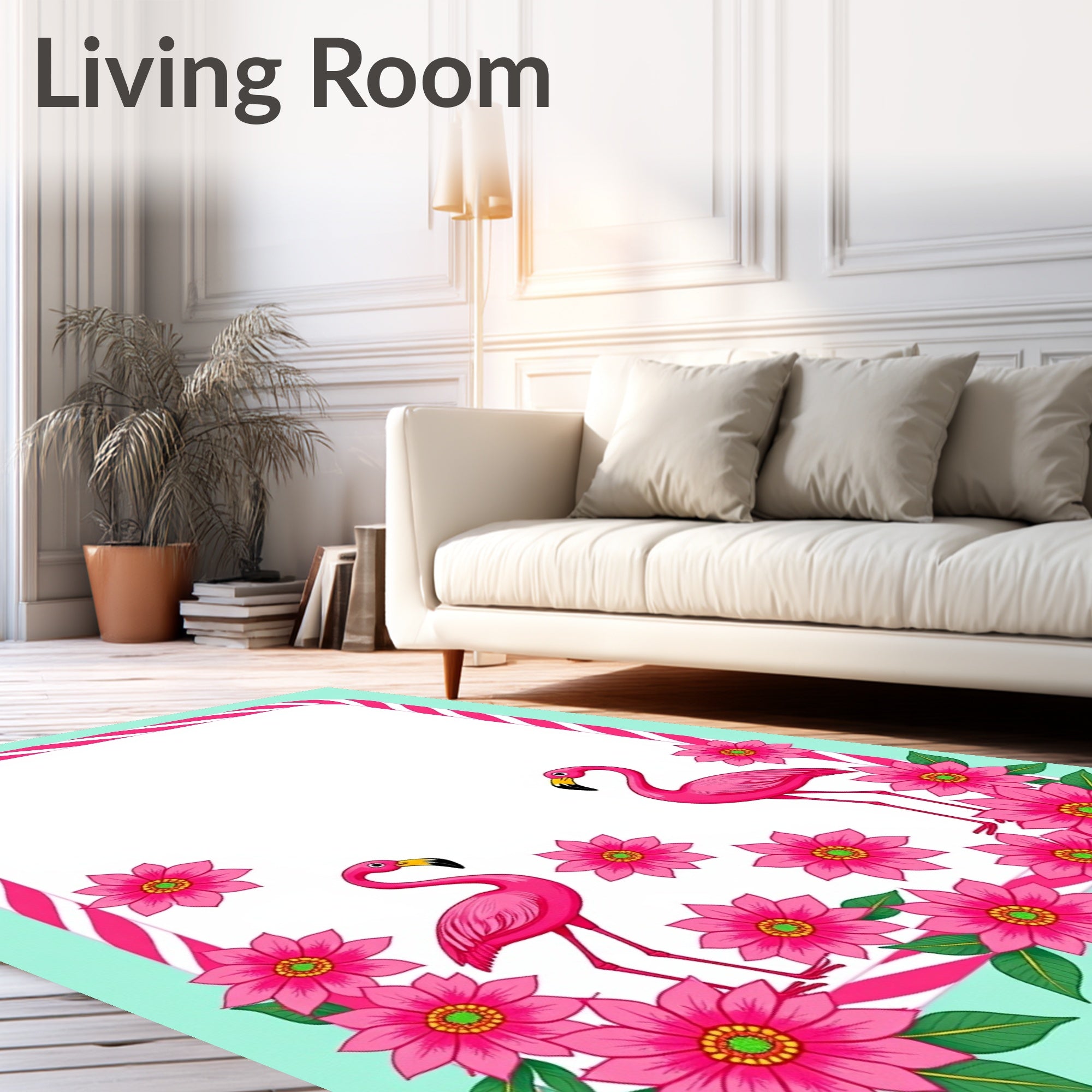 Pink Flamingo Tropical Floral Border Rug