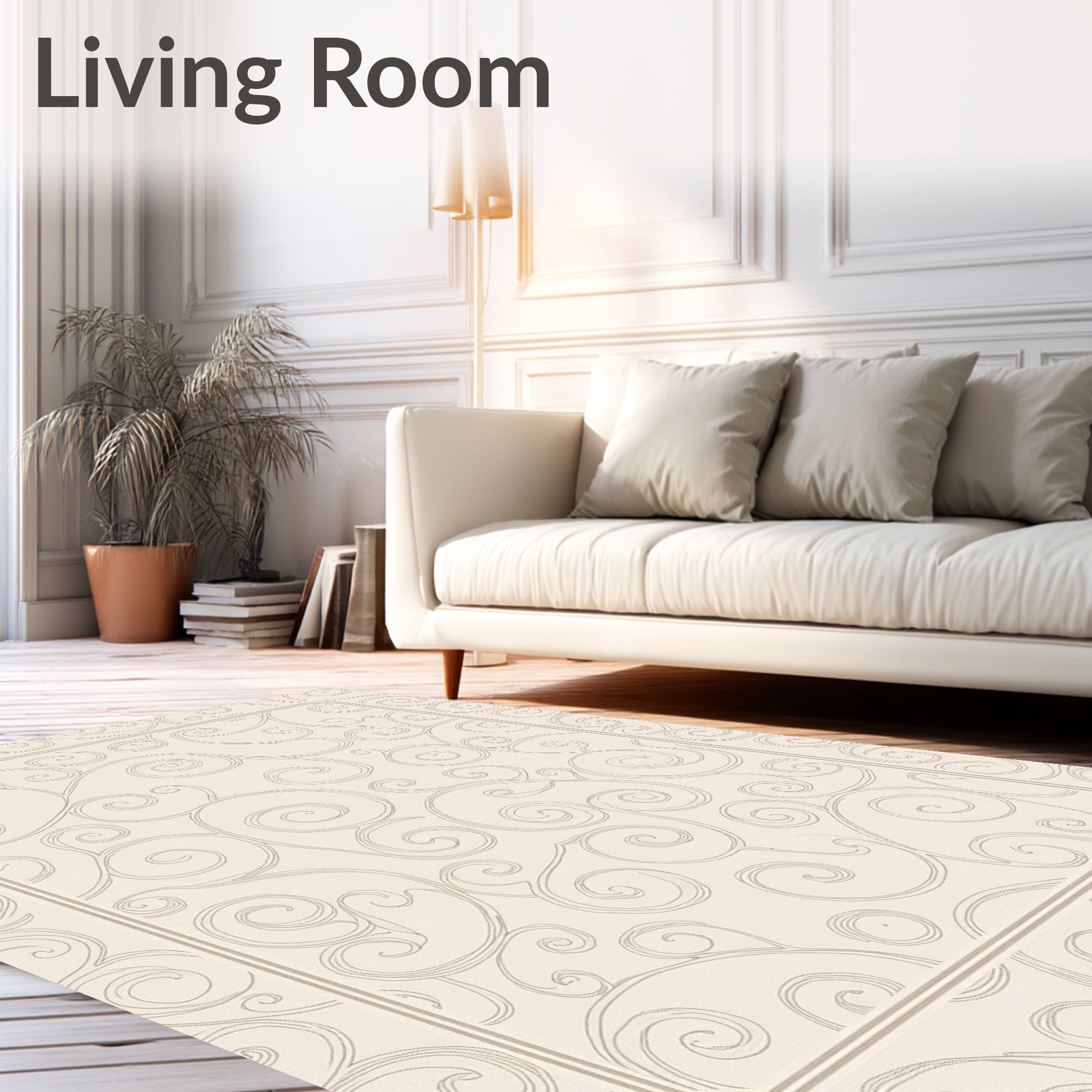 Cream Swirl Scroll Border Rug