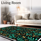 Teal Yellow Floral Symmetry Black Rug