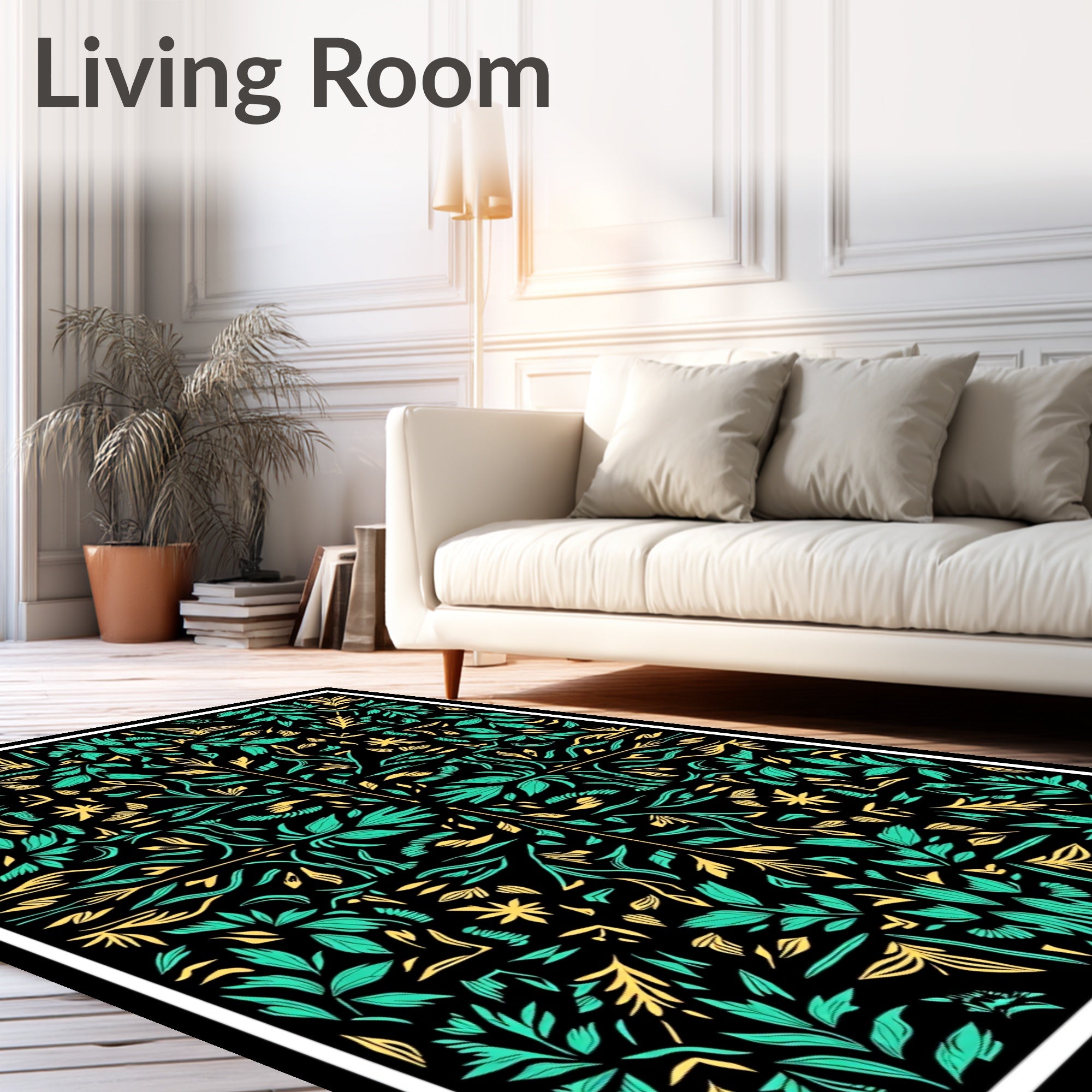 Teal Yellow Floral Symmetry Black Rug