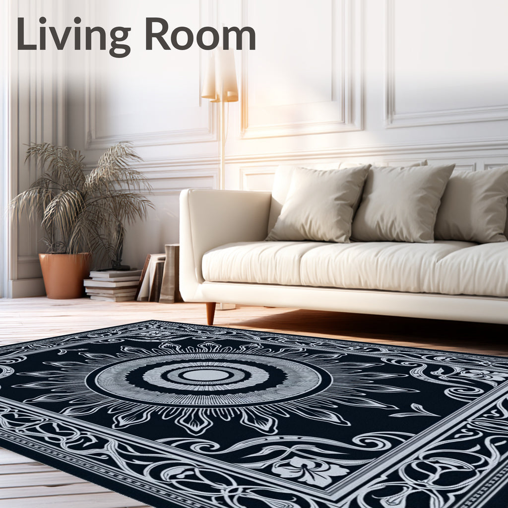 White Sunburst Medallion on Black Rug