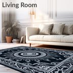 White Sunburst Medallion on Black Rug