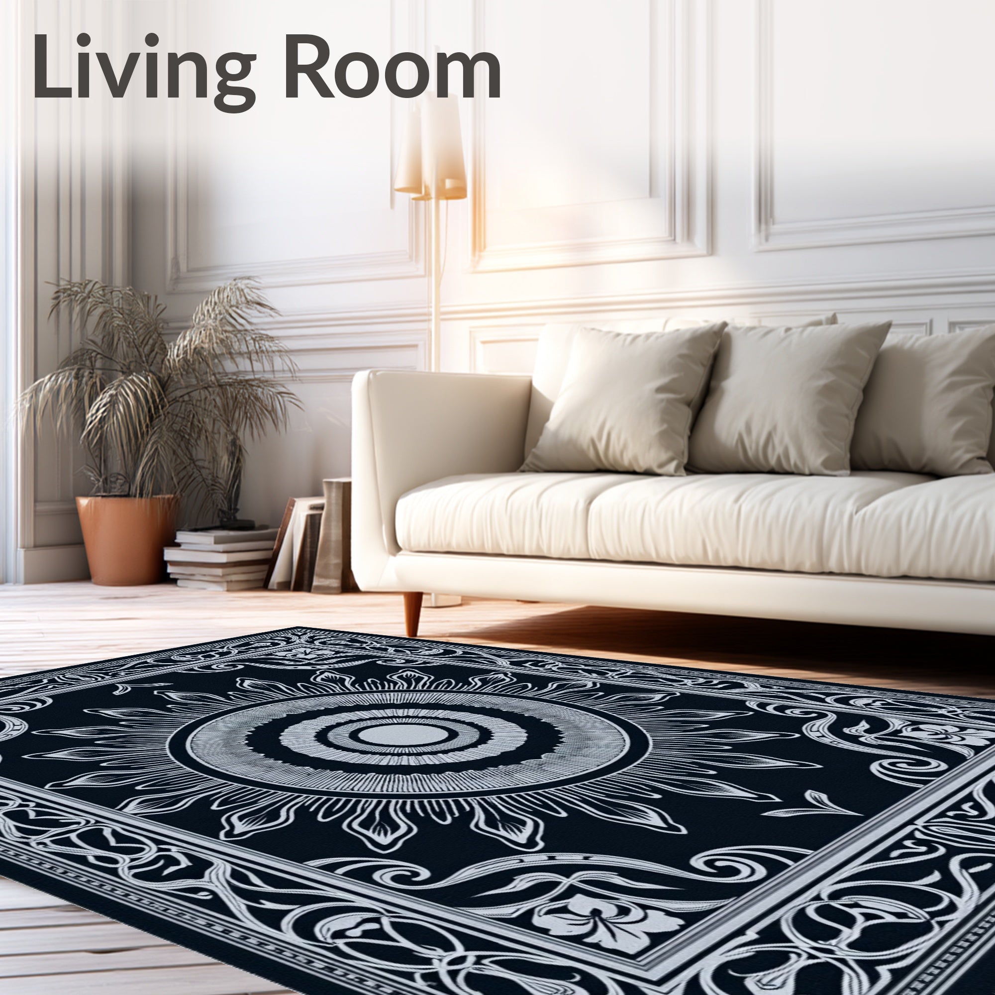 White Sunburst Medallion on Black Rug