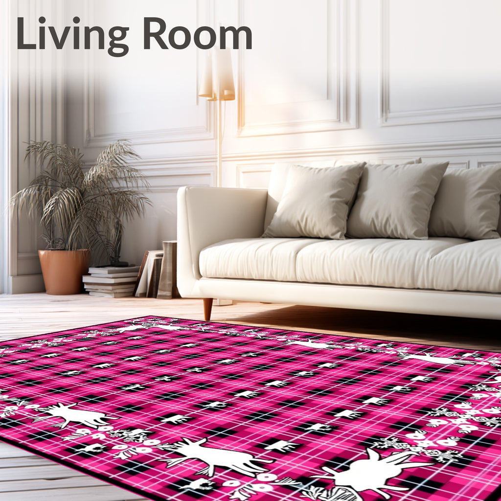 Pink Black Plaid Whimsical Creatures Rug