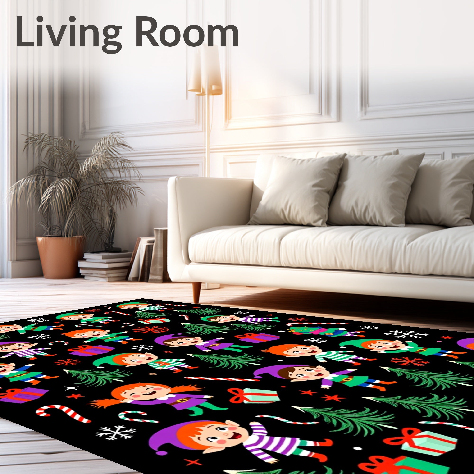 Whimsical Christmas Elves Candy Cane Trees Rug