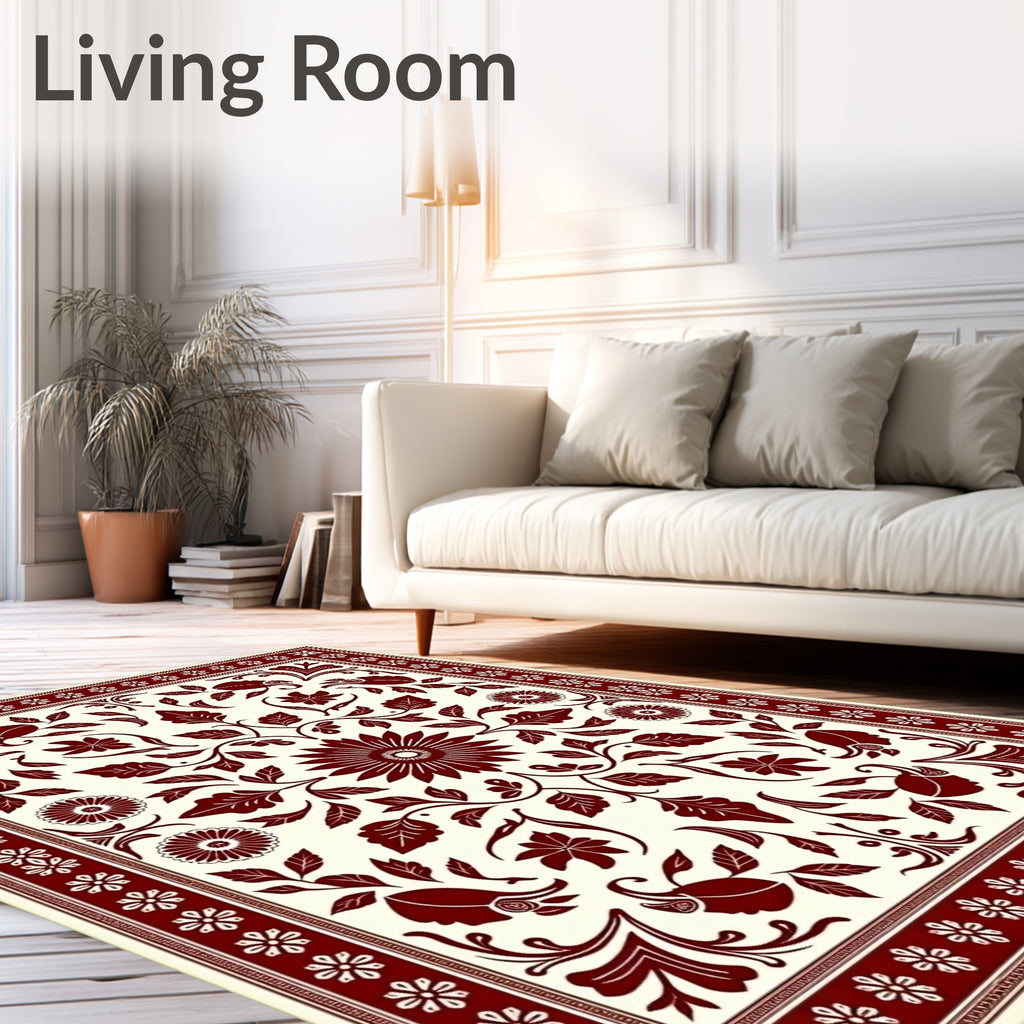 Deep Crimson Floral Medallion Border Rug