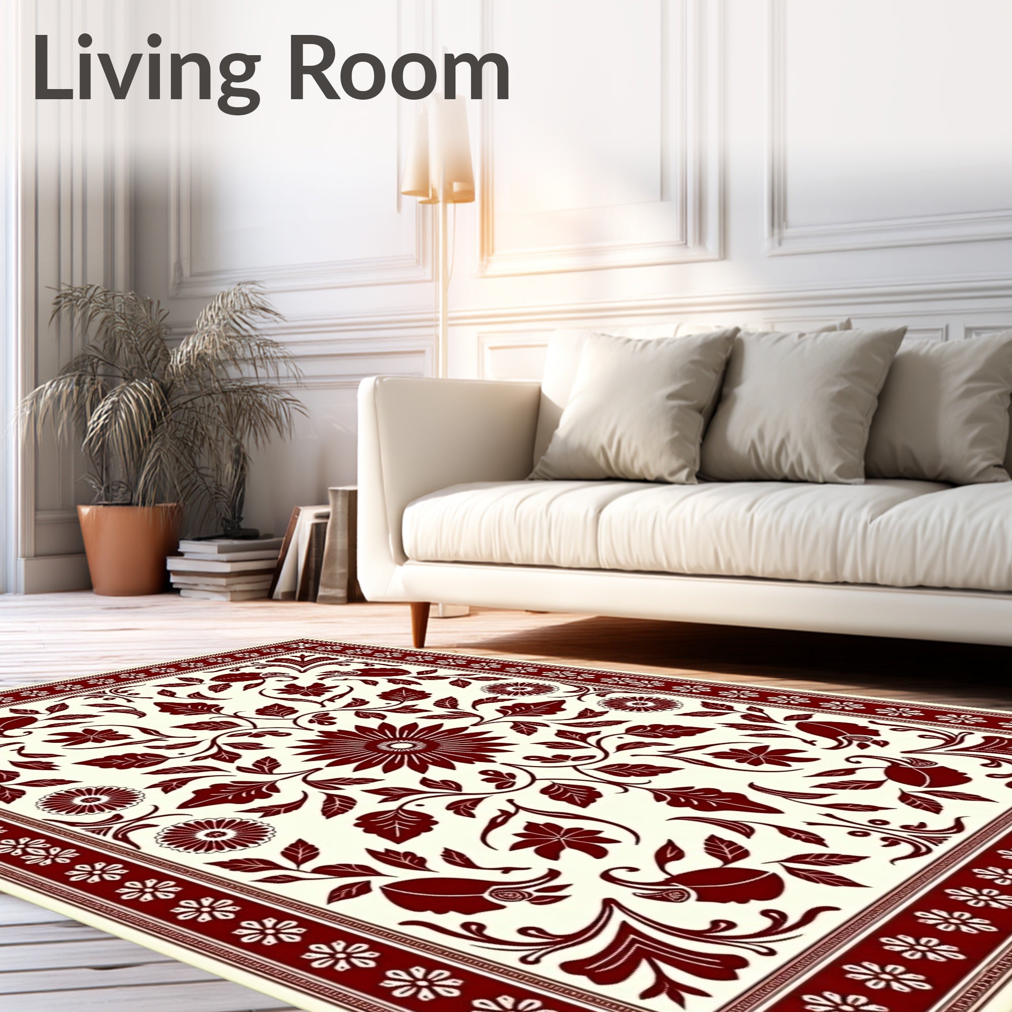Deep Crimson Floral Medallion Border Rug