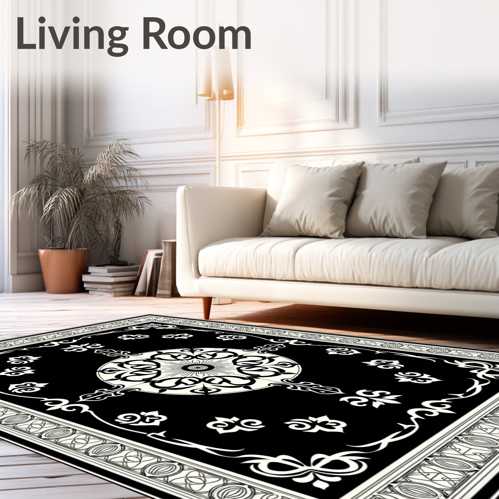 Classic Black White Medallion Border Rug