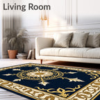 Navy Gold Floral Medallion Border Rug