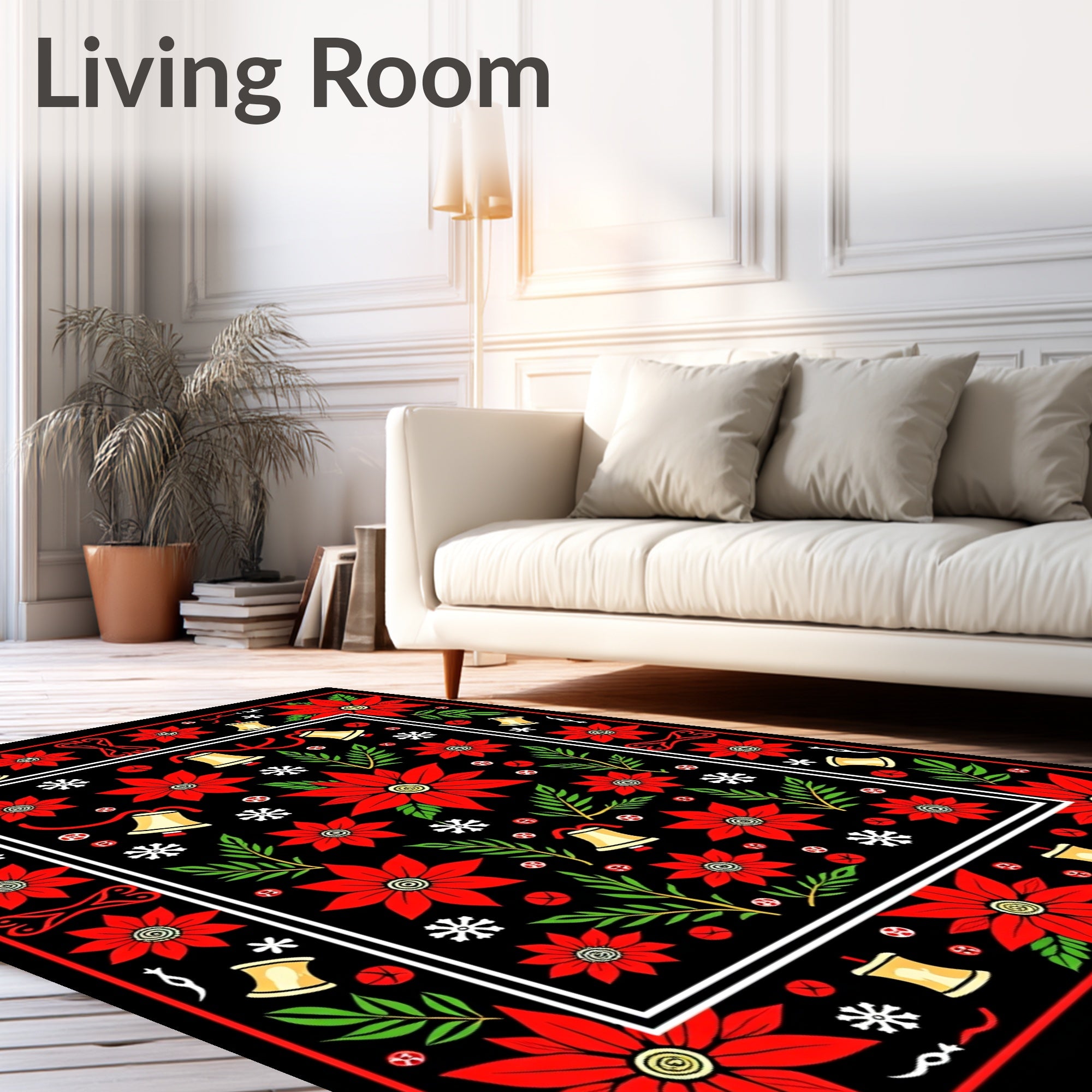 Red Poinsettia Bell Snowflake Medallion Rug
