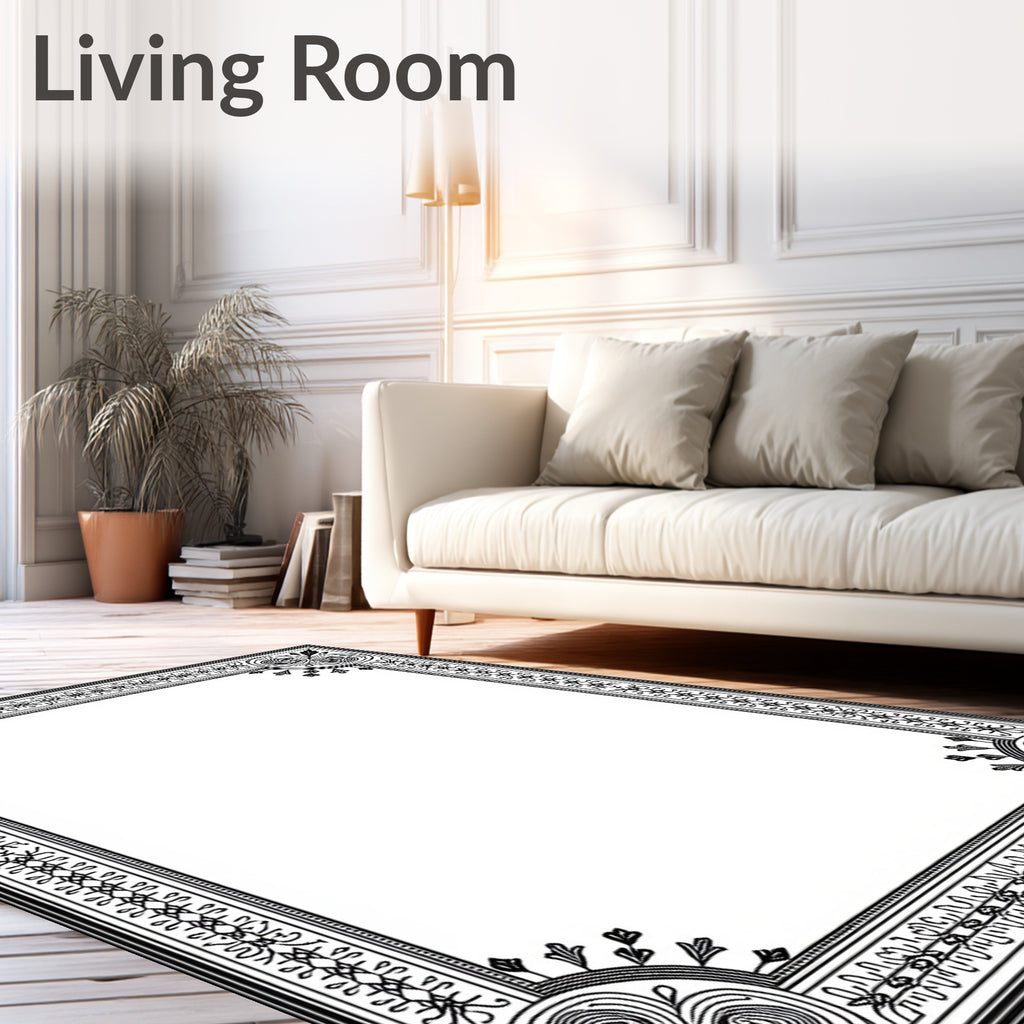Victorian Black White Scroll Border Rug
